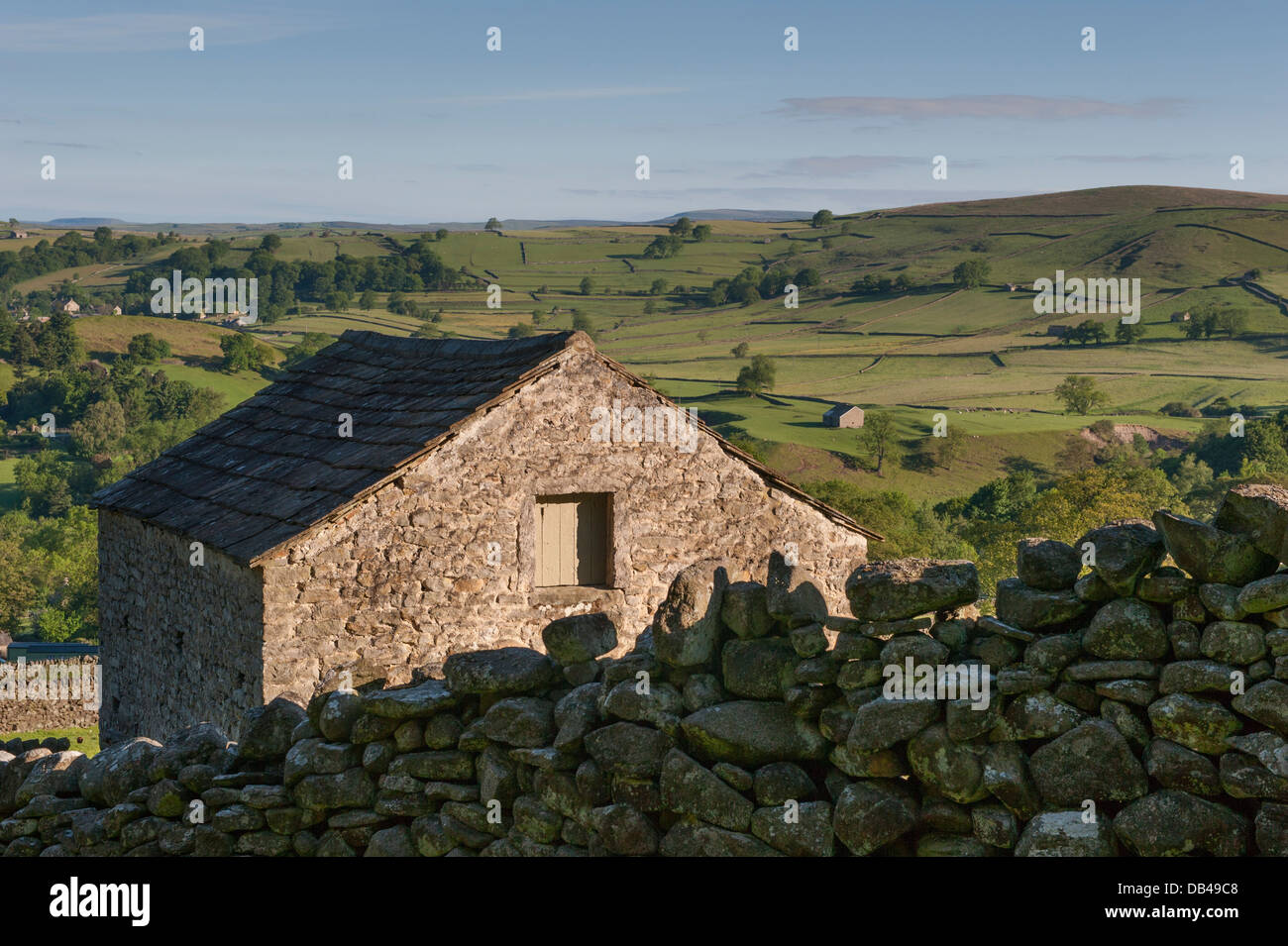 À la recherche sur le terrain, grange en pierre, pittoresque green terres agricoles vallonnées et collines de Wharfedale dans le Yorkshire Dales - près de Simon's Seat, England, UK Banque D'Images