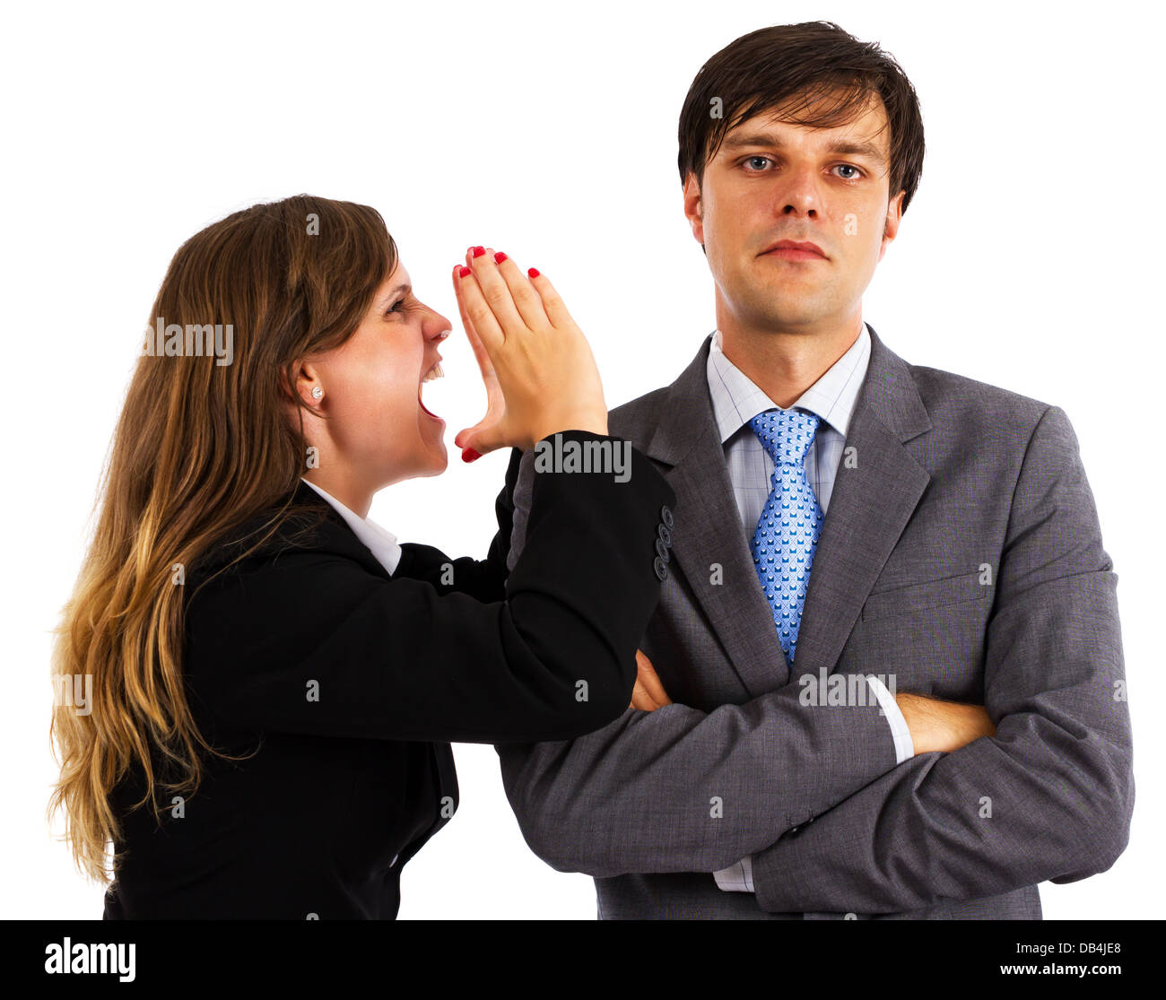 Deux collègues ayant un argument over white background Banque D'Images