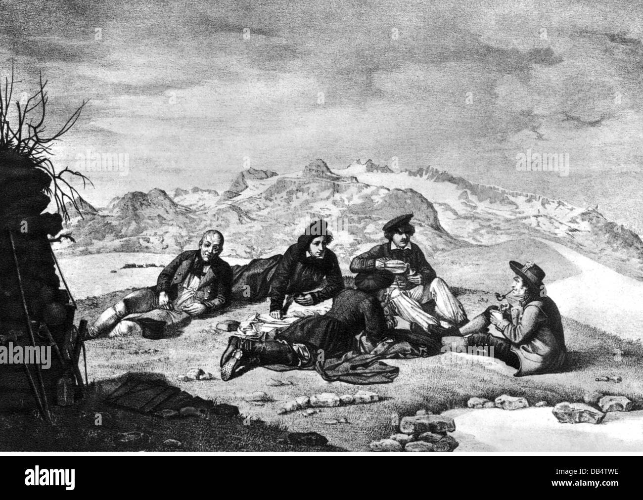 Gastronomie, pique-nique, peintre sur le glacier de Hallstatt à la Salzkammergut, après dessin par Julius Schoppe (1795 - 1868), lithographie, 1823, droits additionnels-Clearences-non disponible Banque D'Images