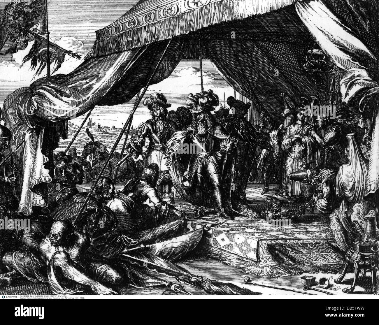 Événements, Grande Guerre turque 1683 - 1699, bataille de Vienne, 12.9.1683, Empereur Léopold I dans la tente du Grand Vizier Kara Mustafa Pasha, gravure en cuivre par Romeyn de Hooghe (1645 - 1708), Empire ottoman, Autriche, guerres, siège, coalition chrétienne (Polonais, Autrichiens, Bavarois, Franconiens) Dirigé par le roi John III Sobieski de Pologne, Turcs sous Kara Mustafa Pascha, attaque, soldats, camp, défaite, butin, spoils, capturé, Habsbourg, XVIIe siècle, historique, historique, relief, Sainte Ligue, peuple, droits additionnels-Clearences-non disponible Banque D'Images