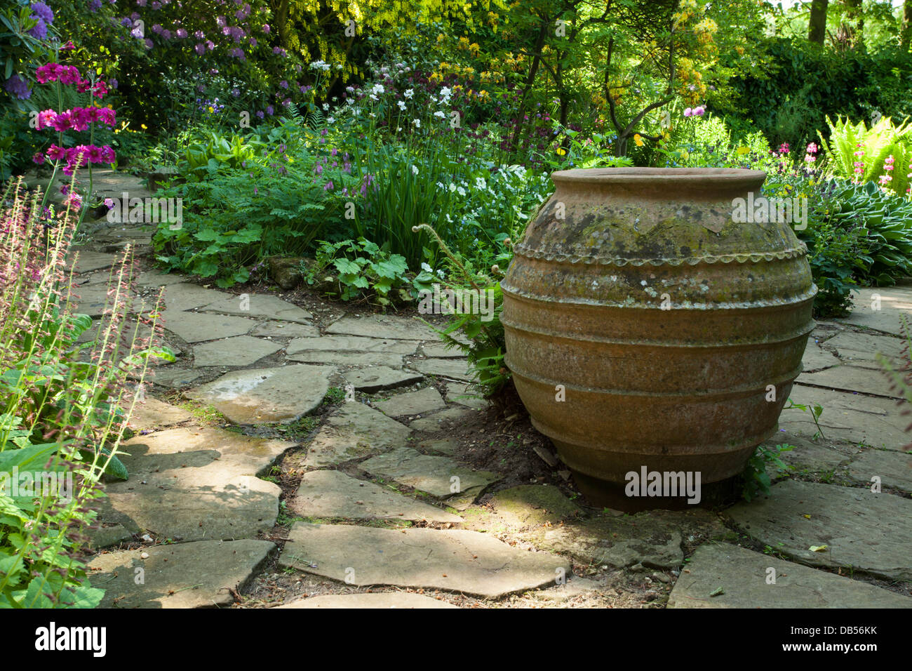 Un grand pot en terre cuite d'ornement se trouve sur pavage dans le jardin d'eau de Coton Manor gardens, Northamptonshire, Angleterre Banque D'Images