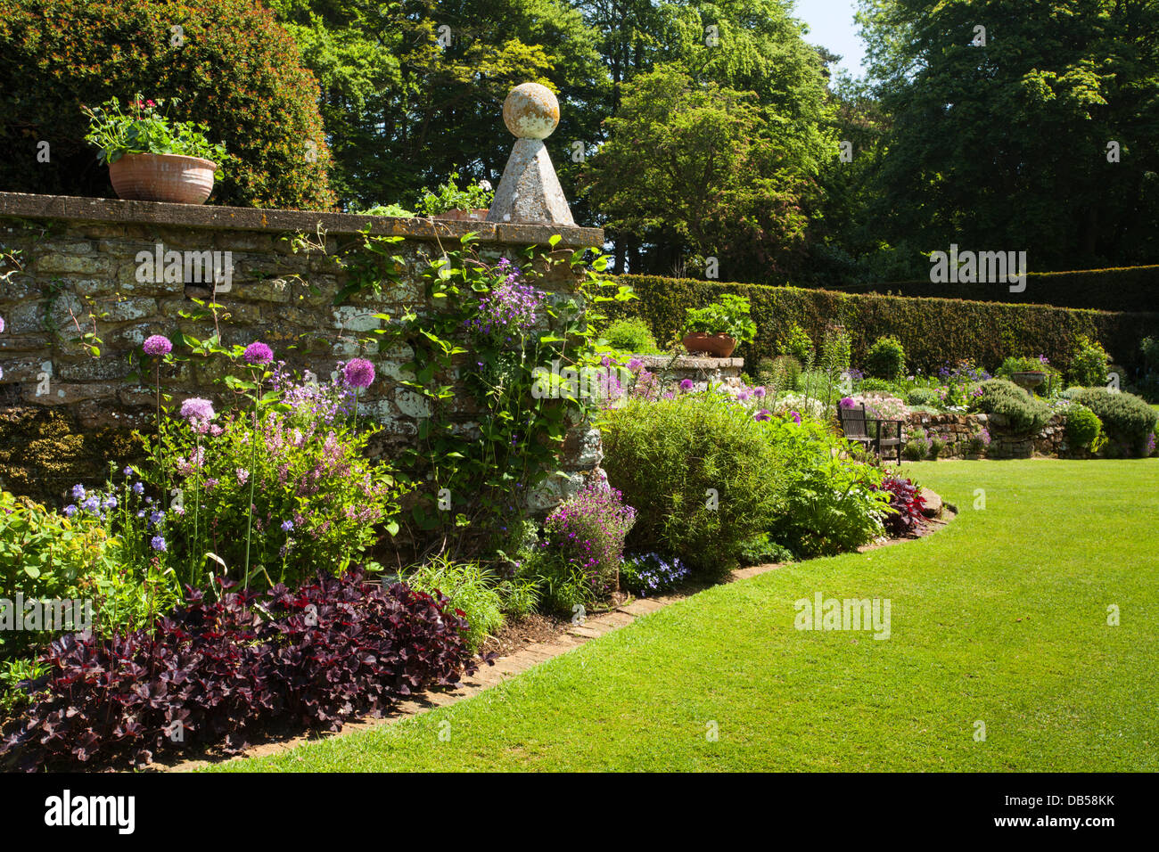 Une pelouse et des frontières avec le début de l'été la couleur à l'intérieur coton Manor gardens, Coton, Northamptonshire, Angleterre Banque D'Images