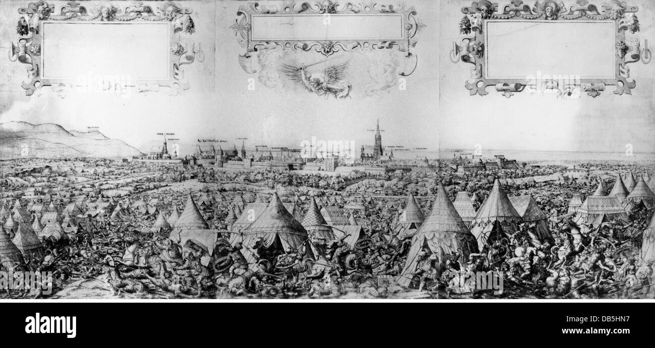 Événements, guerres ottomanes, siège de Vienne 1529, vue du bivouac de l'armée turque et de la ville de Vienne en arrière-plan, dans les soldats de combat, gravure par Hans Sebald Lautensac, 1558, droits additionnels-Clearences-non disponible Banque D'Images