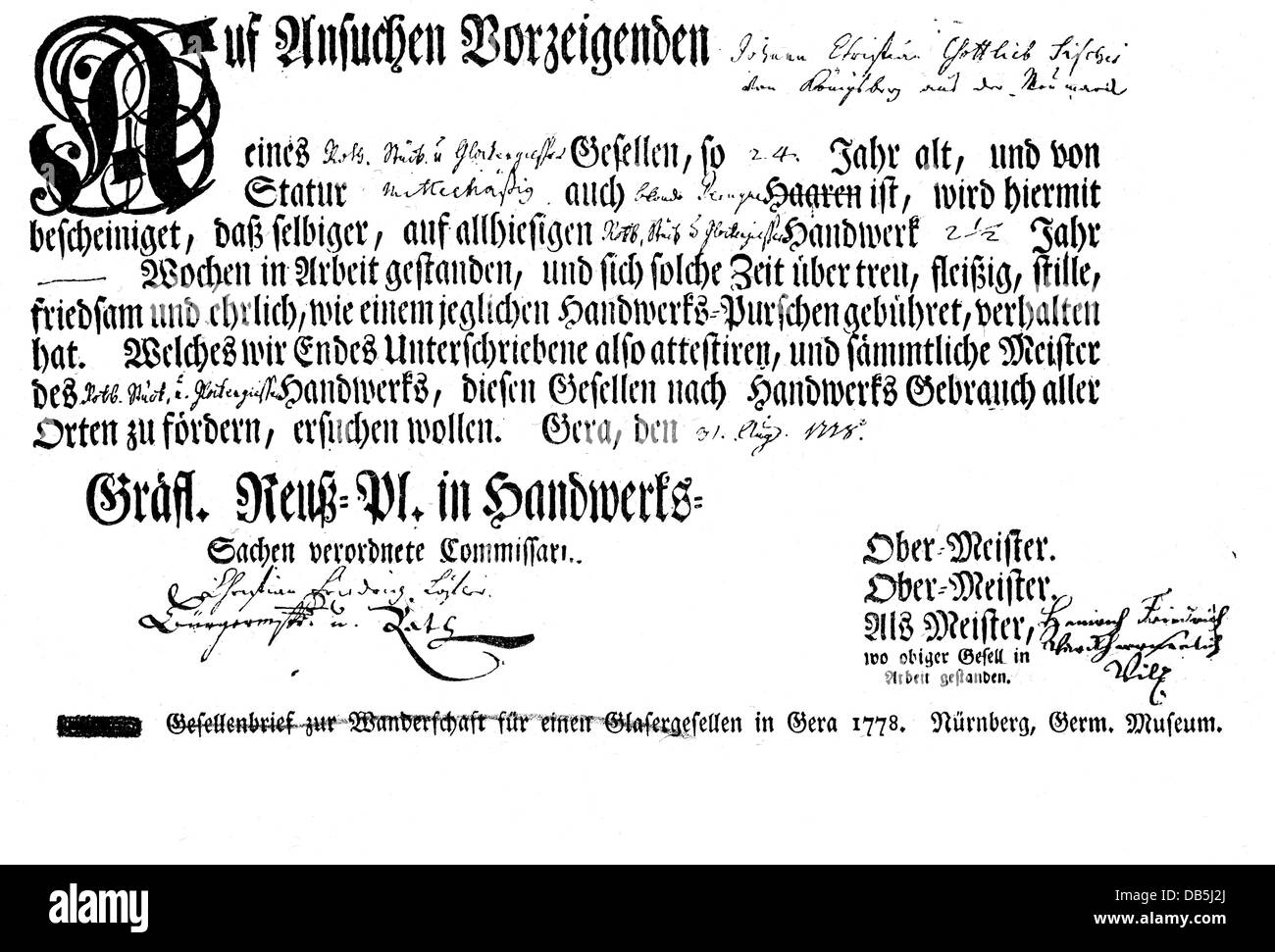 Artisanat, documents, certificat de compagnon pour un vitrier compagnon, Gera, 1778, droits additionnels-Clearences-non disponible Banque D'Images