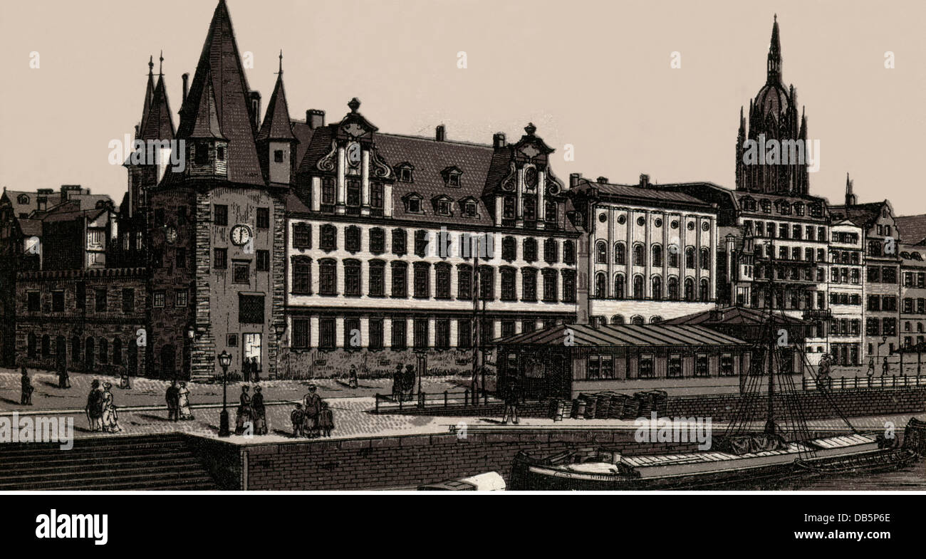 Géographie / Voyage, Allemagne, Hessen, Francfort sur le main, le Rotenturm gothique tardif (tour de douane), une partie de l'ancien mur de la ville, et le soi-disant Saalhof, en premier plan la gare de Fahrtor, lithographie à partir d'environ 1891, droits additionnels-Clearences-non disponible Banque D'Images