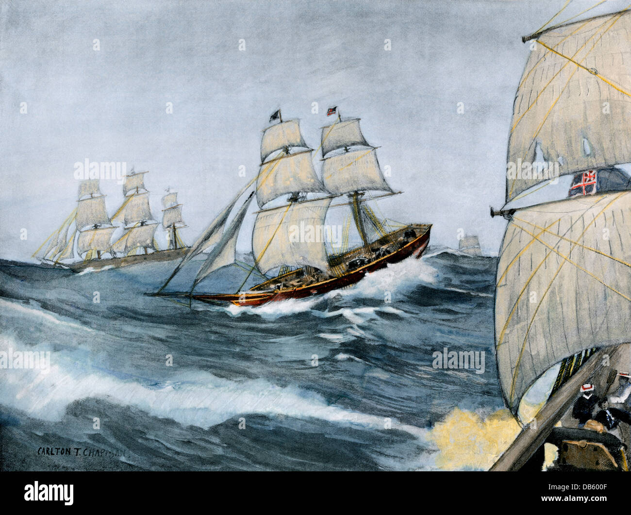 Corsaire américain 'Comet' voile de la flotte anglaise, la guerre de 1812. La main, d'une illustration de demi-teinte Banque D'Images