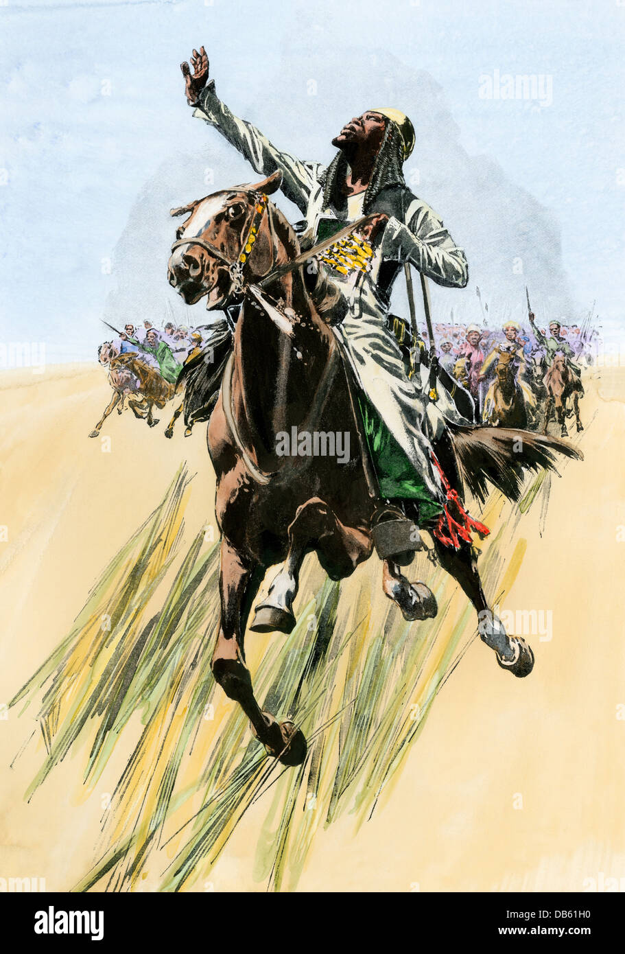Charge de cavalerie soudanais lignes britanniques, Bataille d'Omdurman, 1898. Demi-teinte à la main, reproduction d'une illustration Banque D'Images