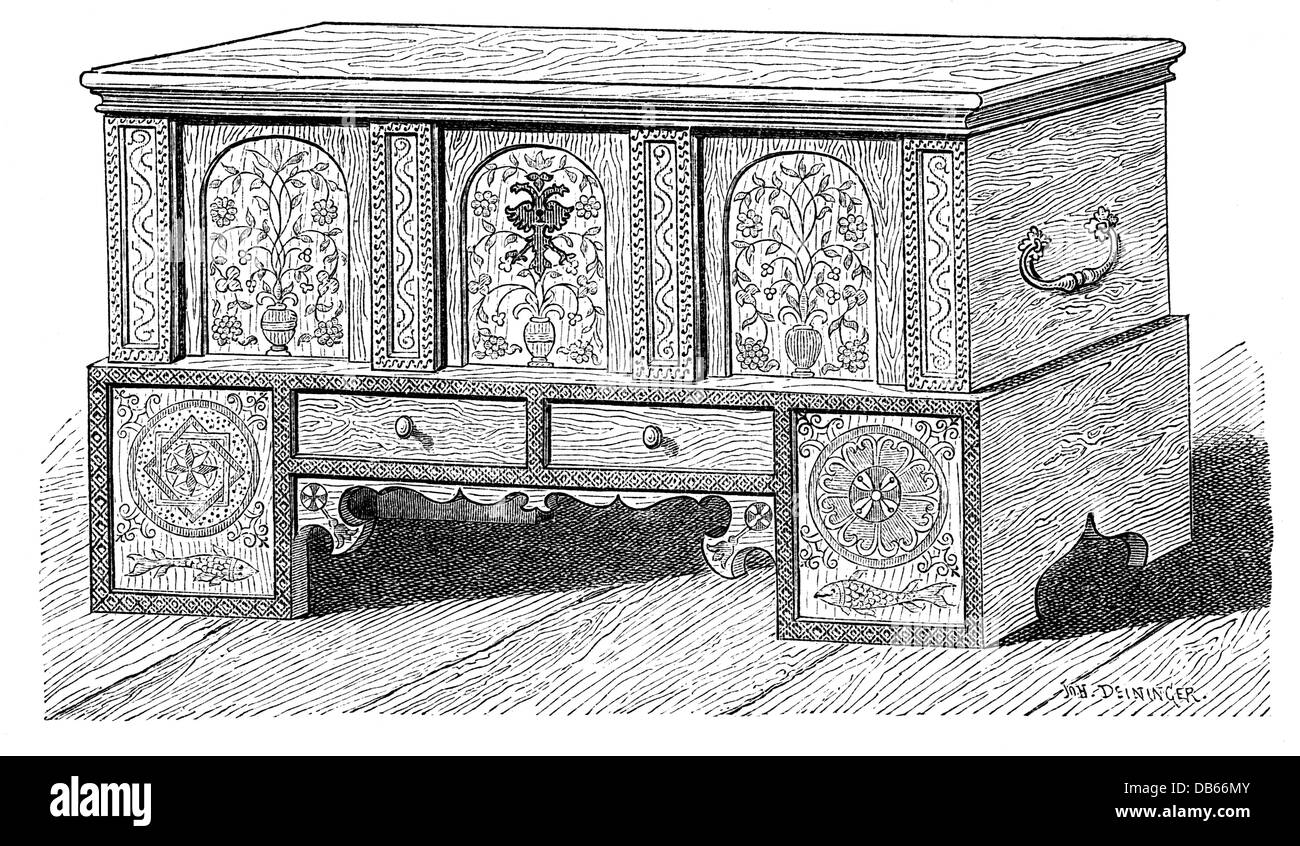 Meubles, meubles, vêtements de peinture coffre de Längenfeld à Ötztal,  gravure en bois, par Johann Deininger, fin du XIXe siècle, armoire, coffre,  armoires, coffres, meuble, meubles, meubles, rangement, ornementé, inlay,  intarsia, peint,