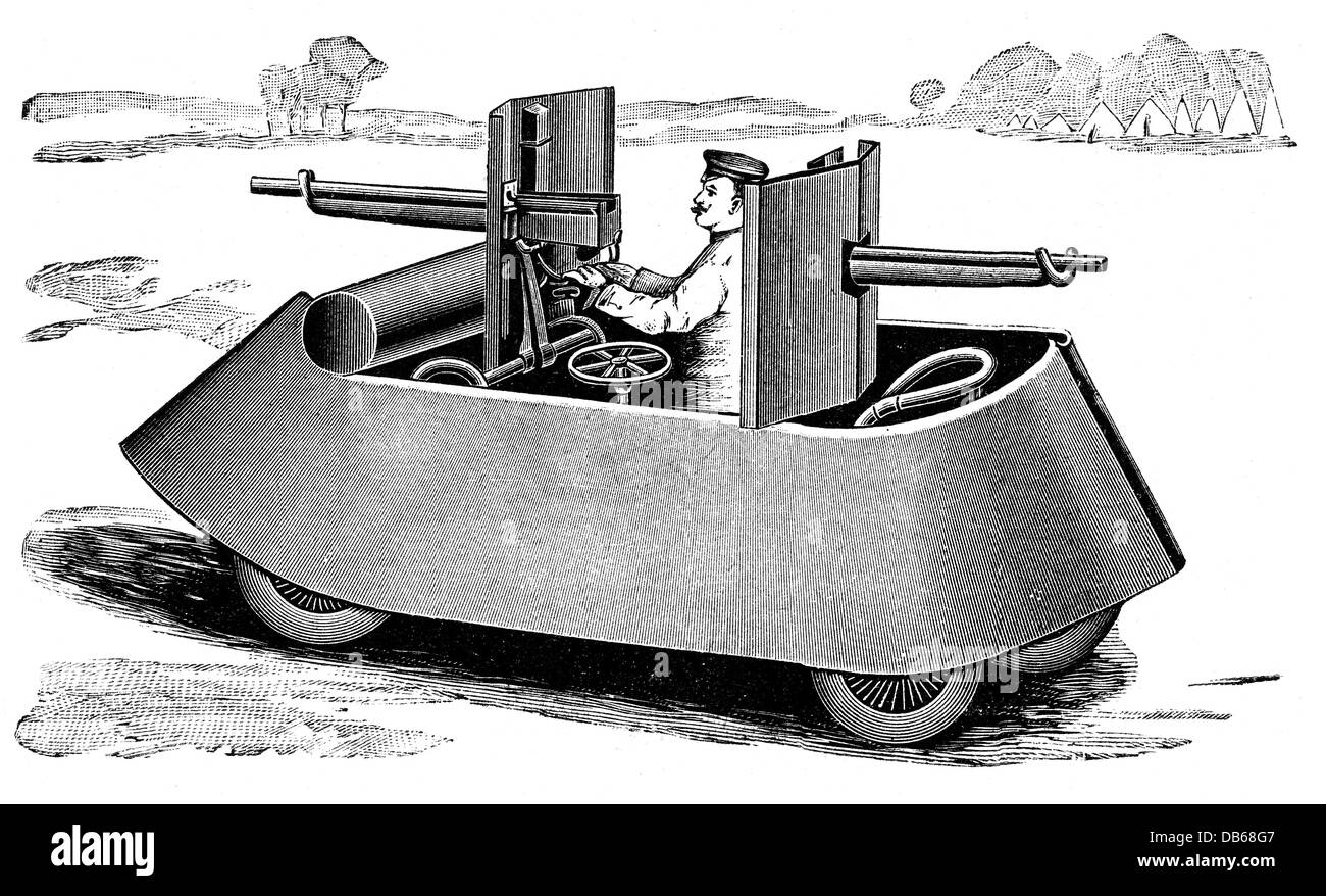 Militaire, machinerie de guerre, véhicule blindé à pédales avec canons montés, gravure en bois, vers 1900, droits additionnels-Clearences-non disponible Banque D'Images