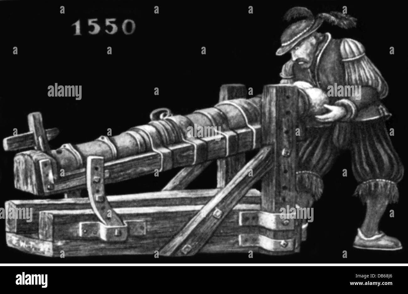 Militaire, artillerie, arme à feu et artileryman, 1550, illustration après une frise "le développement du canon", droits additionnels-Clearences-non disponible Banque D'Images