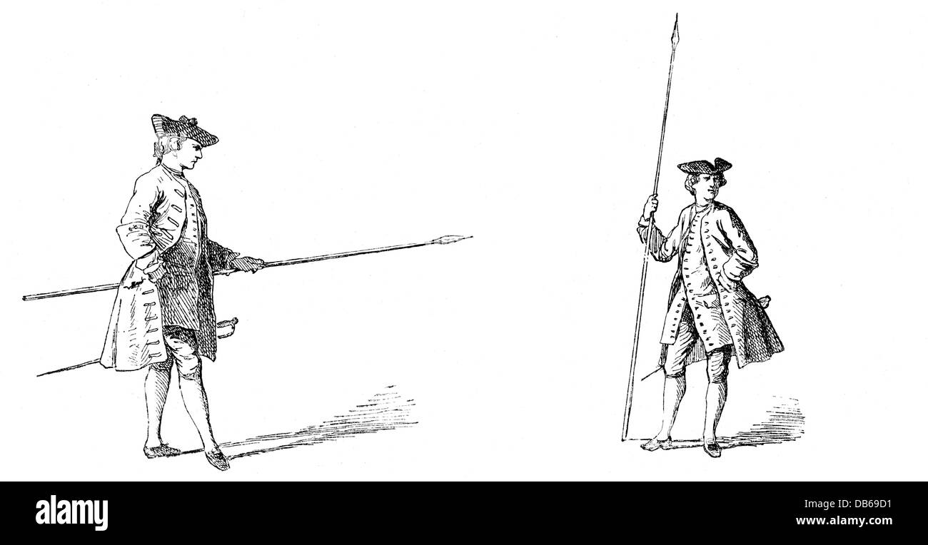 Militaire, armes et armure, officiers militaires du XVIIIe siècle avec des spontoons (demi-pikes), gravure en bois, 19e siècle, armée, infanterie, lance, lances, brochet, pikes, uniforme, uniformes, armes polaires, arme, historique, historique, ponton, peuple, droits additionnels-Clearences-non disponible Banque D'Images