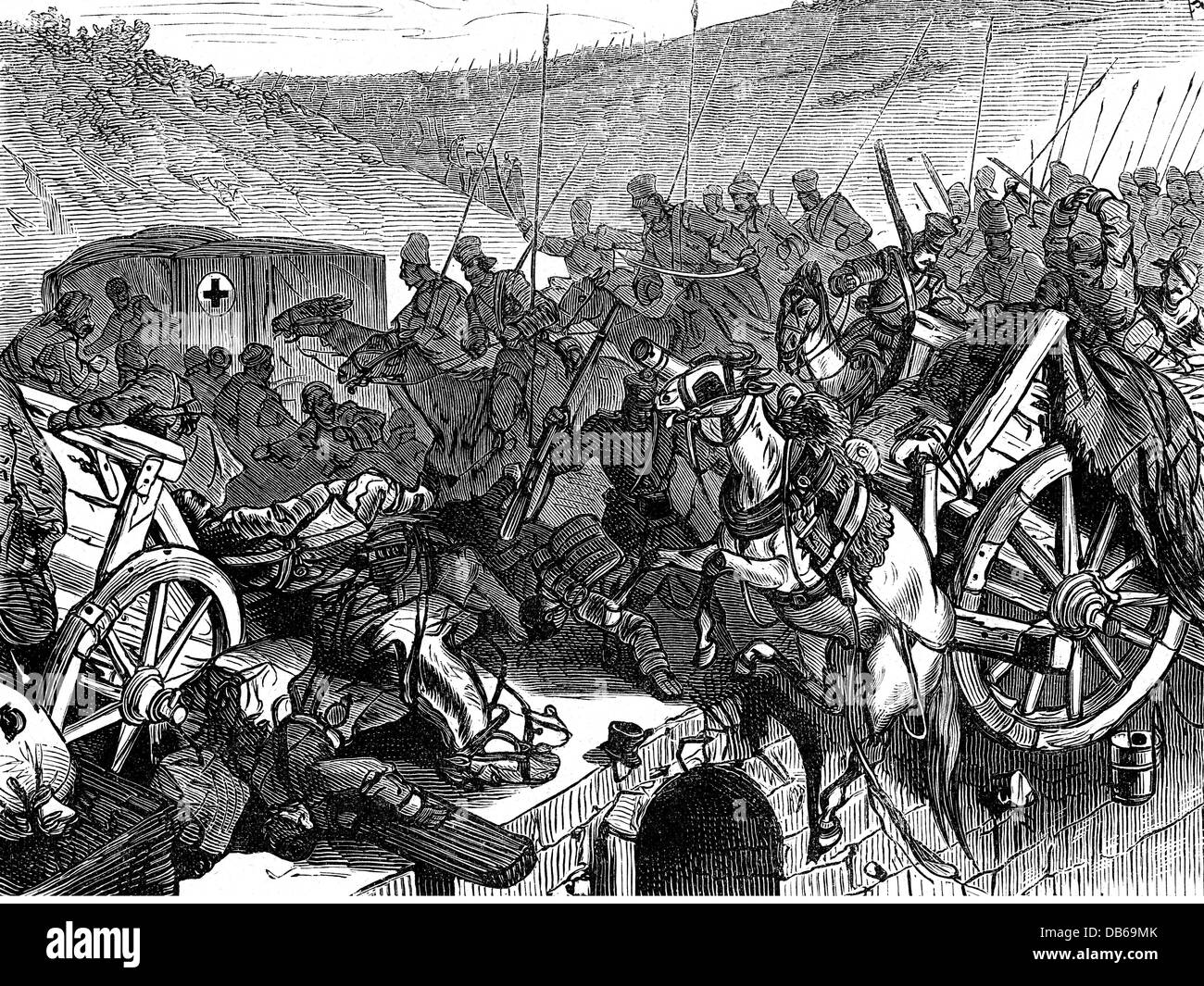 Evènements, guerre russo-turque 1877 - 1878, deuxième bataille de Plevna, 31.7.1877, les cosaques fuyant, gravure contemporaine en bois, militaire, cavalerie, soldats, vol, retraite, Pleven, Bulgarie, Balkans, Empire russe, Empire ottoman, Russo - Guerre turque, 19e siècle, historique, historique, crise balkanique, crise orientale, peuple, droits additionnels-Clearences-non disponible Banque D'Images