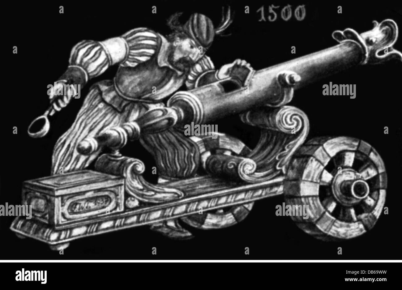 Militaire, artillerie, arme à feu et artileryman, 1500, illustration après une frise "le développement du canon", droits additionnels-Clearences-non disponible Banque D'Images