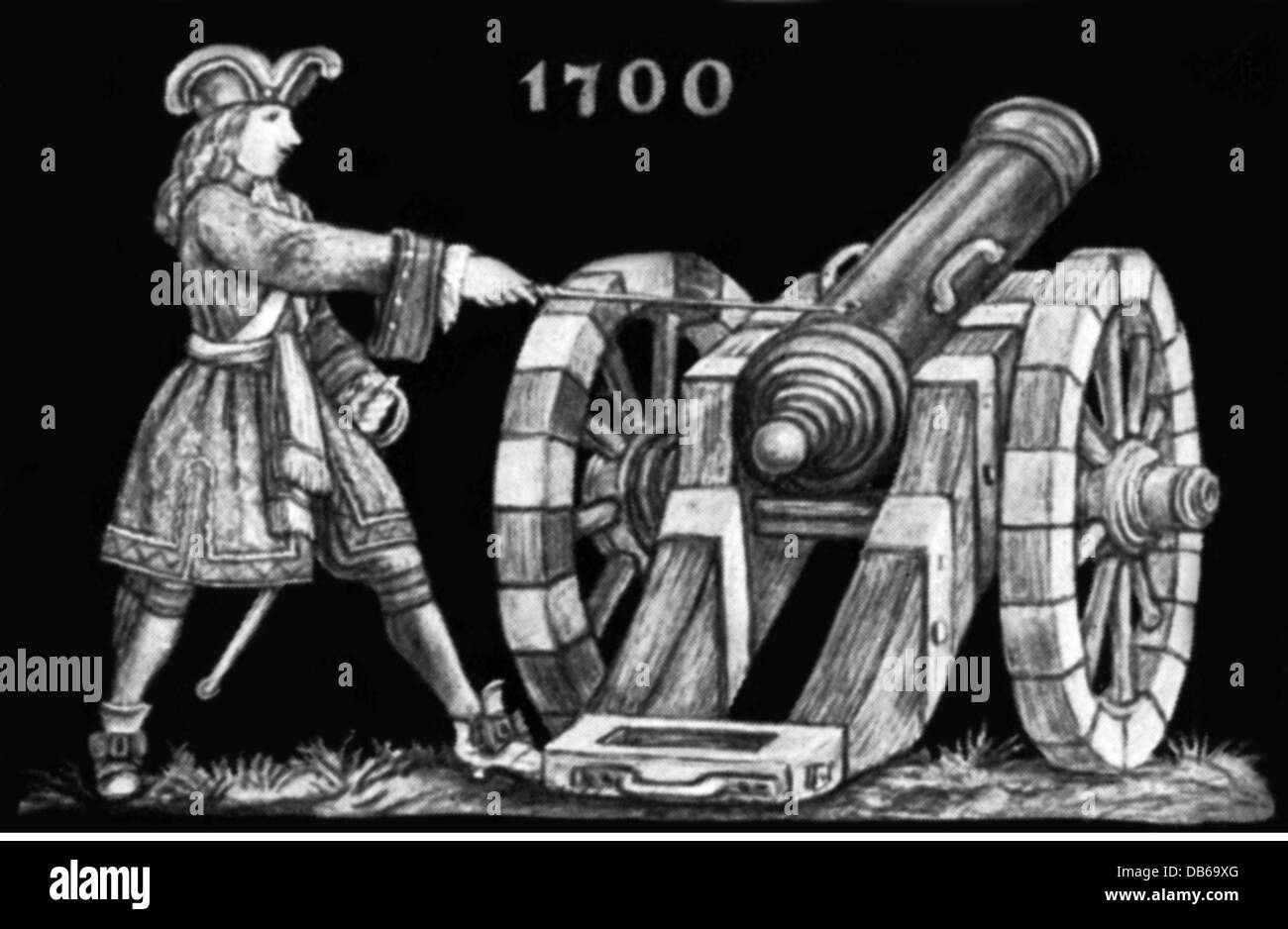 Militaire, artillerie, arme à feu et artileryman, 1700, illustration après une frise "le développement du canon", droits additionnels-Clearences-non disponible Banque D'Images