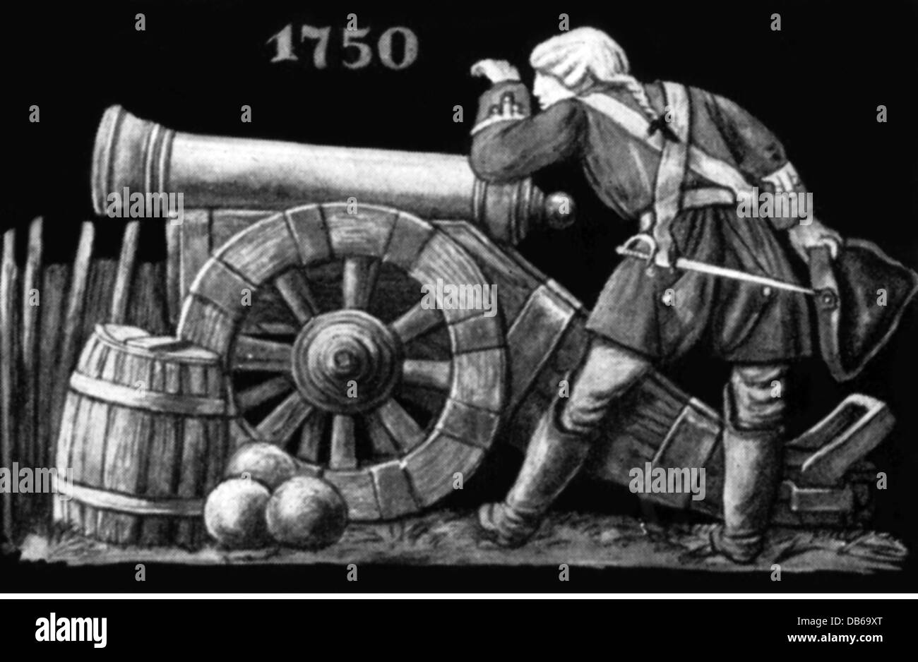 Militaire, artillerie, arme à feu et artileryman, 1750, illustration après une frise "le développement du canon", droits additionnels-Clearences-non disponible Banque D'Images