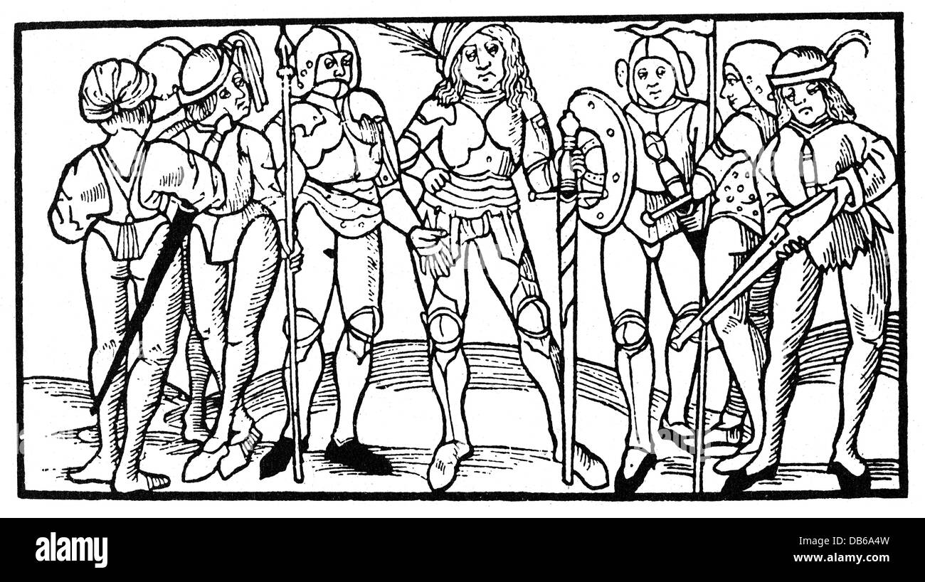 Militaire, milice, membres d'une guilde de Luebeck prêts à défendre leur ville, woodcut, 1492, droits additionnels-Clearences-non disponible Banque D'Images