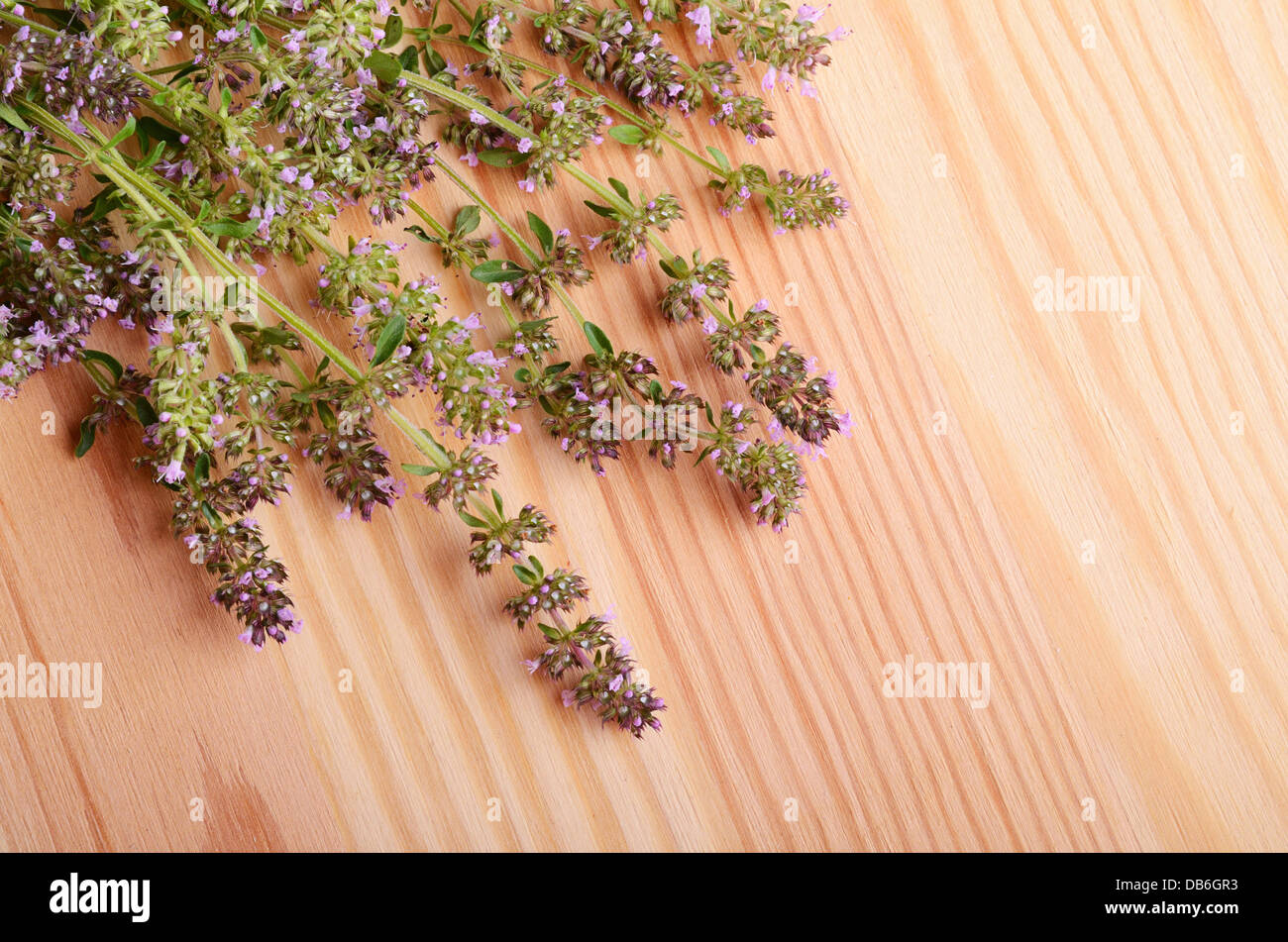 Bouquet de fleurs de thym sur un arrière-plan de tables en bois Banque D'Images