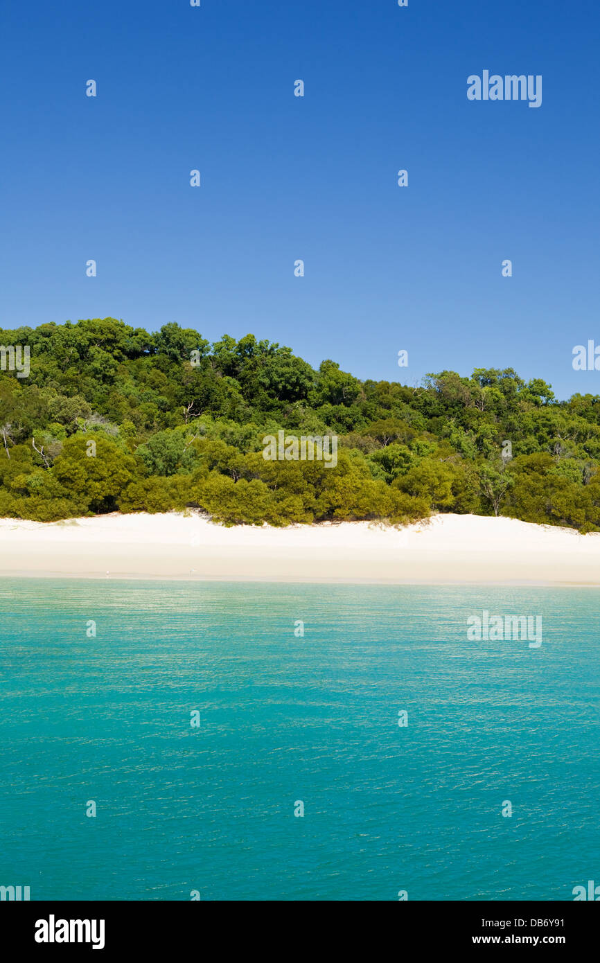 Sable blanc et des eaux cristallines de Whitehaven Beach dans le parc national des Îles Whitsunday, Whitsundays, Queensland, Australie Banque D'Images