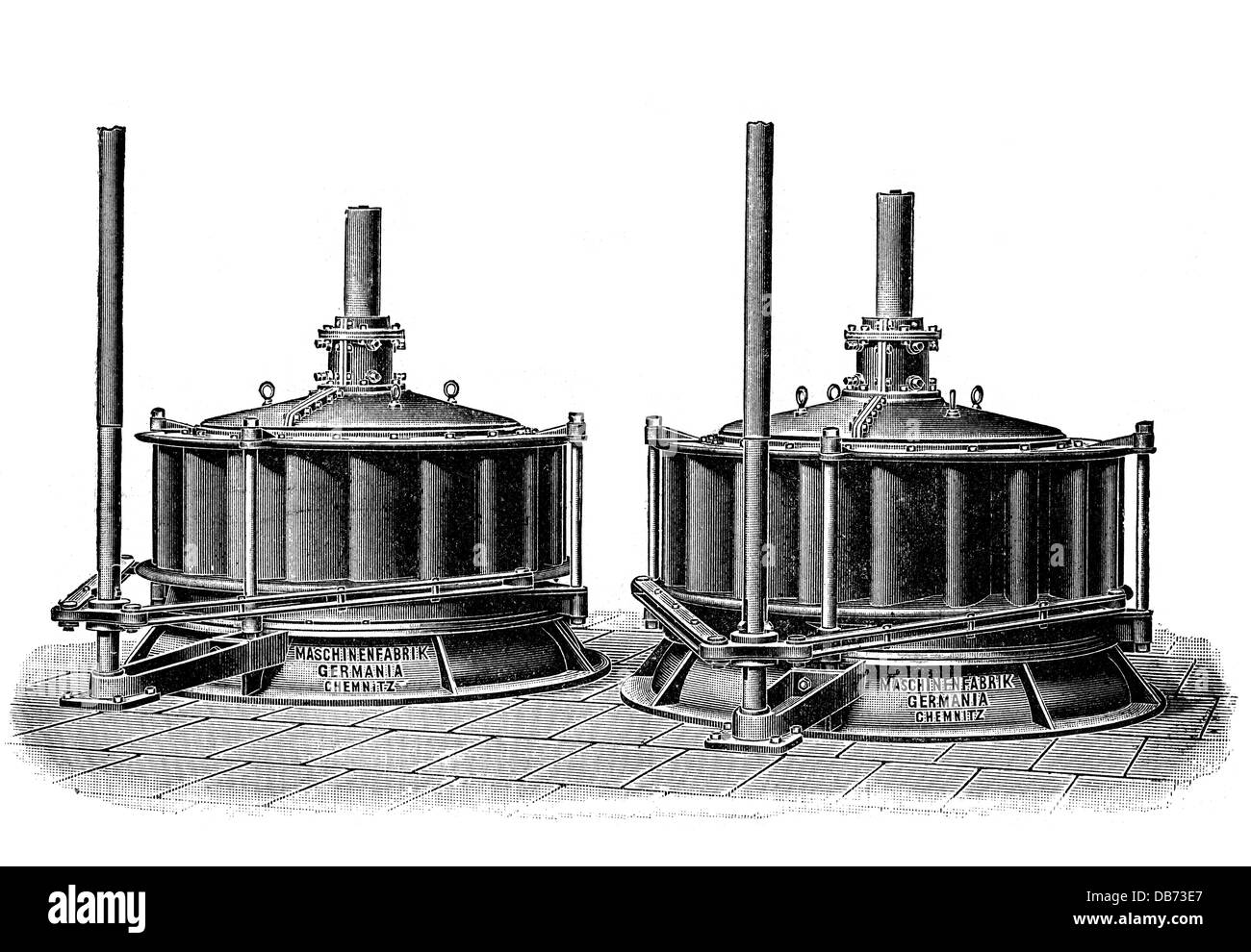 Énergie, eau, turbines, deux turbines Francis, construites par Germania machine Factory, Chemnitz, gravure de bois, fin du XIXe siècle, 19e siècle, générateur, générateurs, électricité, production de courant, production d'électricité, production d'énergie, production d'énergie, turbines, eau, hydro-électricité, hydroélectricité, historique, ingénierie, technique, technologie, technologies, technologies, droits supplémentaires-non disponibles Banque D'Images