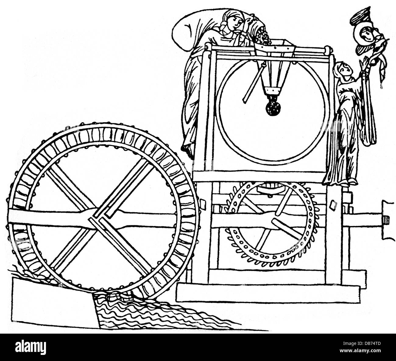 Énergie, eau, moulin à eau sous-grenaille, gravure de bois, de: Herrad von Landsberg, 'Hortus deliciarum', vers 1160, droits additionnels-Clearences-non disponible Banque D'Images