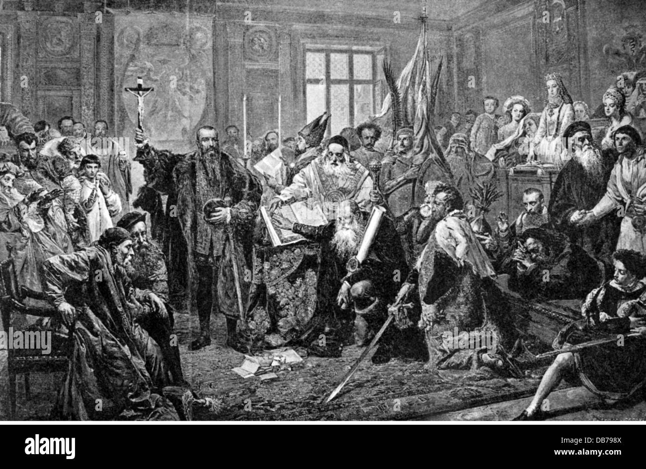 Politique, alliances, Union de Lublin 1.7.1569, fondation de la république noble polonaise-lihuanienne dans le régime polonais (Sejm), gravure de bois après peinture de John Matejko, 1869, Union personnelle, adoption de la monarchie élective, Royaume de Pologne, grand-duché de Lituanie, Commonwealth polonais, lituanien, serment, serment, juré, assermentation, roi Sigismund II août, Jagiellons, prêtre, prêtres, Bible, cérémonie, cérémonies, alliance, noblesse, XVIe siècle, historique, historique, homme, homme, homme, peuple, hommes, droits additionnels-Clearences-non disponible Banque D'Images