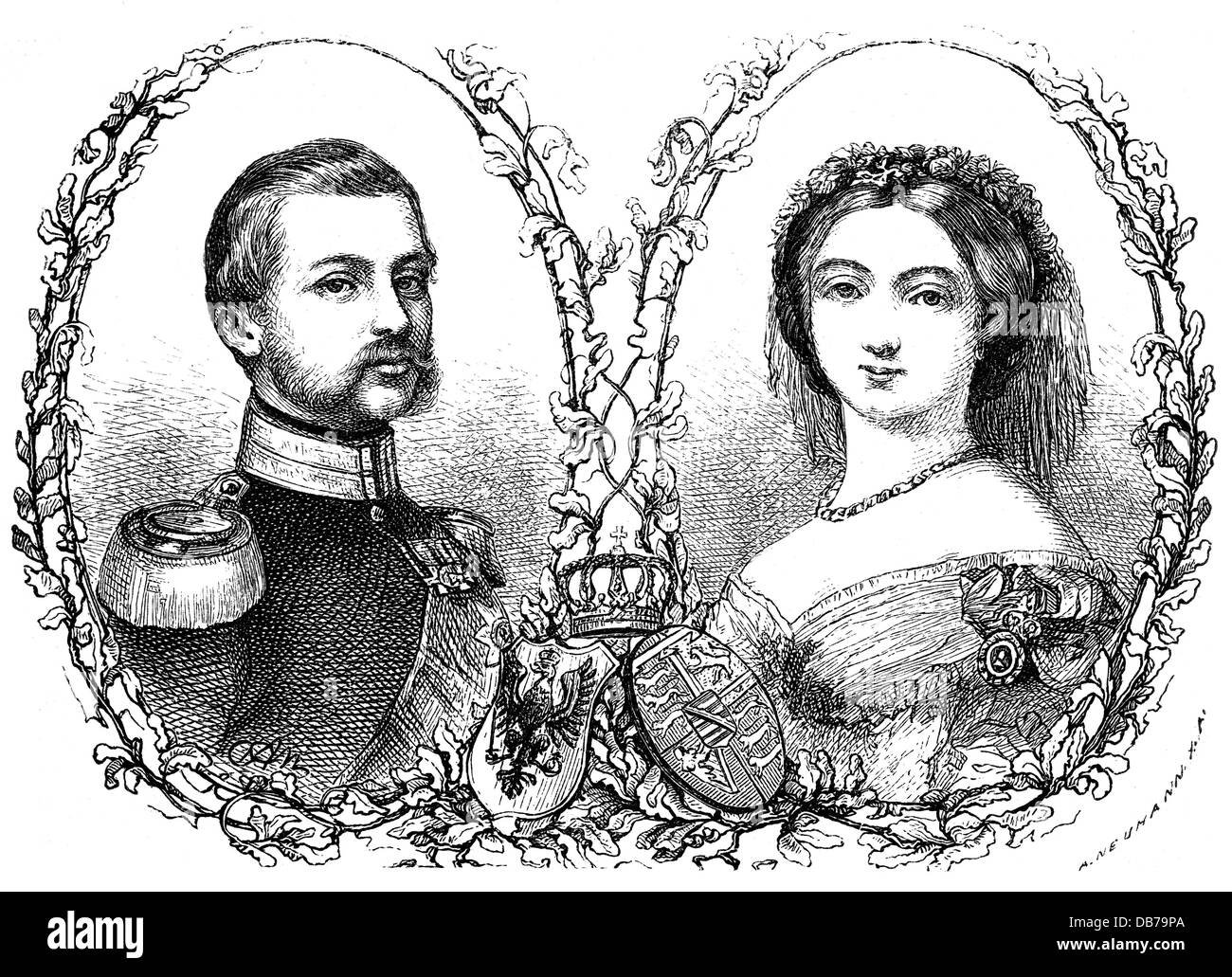 Frederick III, 18.10.1831 - 15.6.1888, Empereur allemand 9.3.1888 - 15.6.1888, portrait, avec princesse de fiancé Victoria de Grande-Bretagne, gravure en bois, vers 1857, Banque D'Images