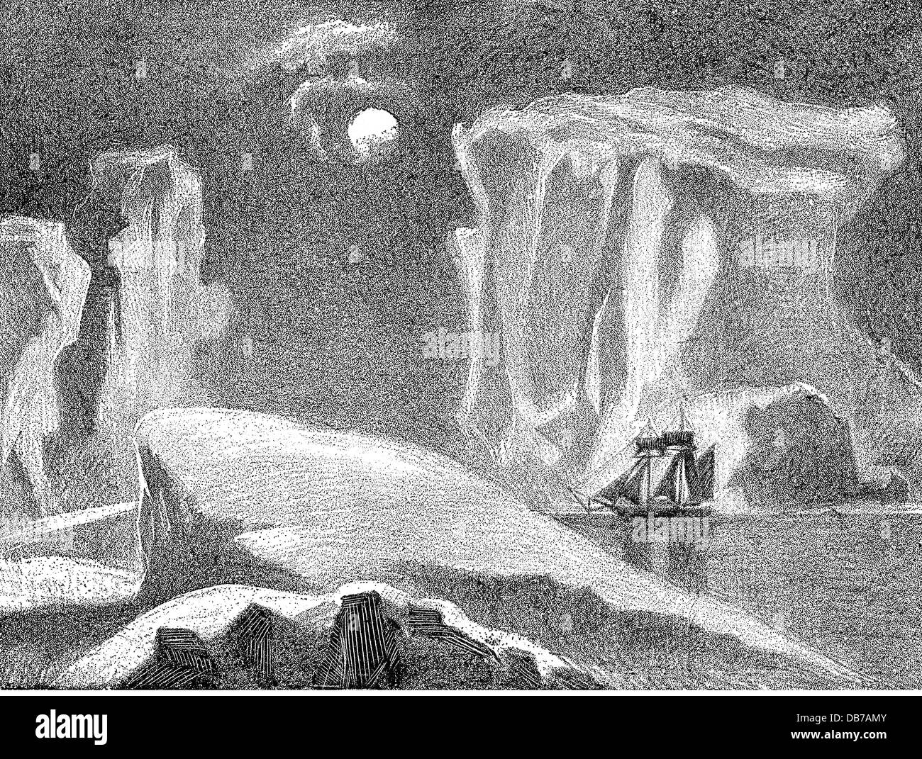 Science, recherche polaire, navire dans un paysage polaire au clair de lune, gravure de bois, 2ème moitié du 19e siècle, transport, transport, navigation, navires, navire, glace, berg, icebergs, bergs, expédition polaire, expéditions polaires, exploration, explorations, arctique, lune, paysages, historique, historique, historique, droits additionnels-Clearences-non disponible Banque D'Images
