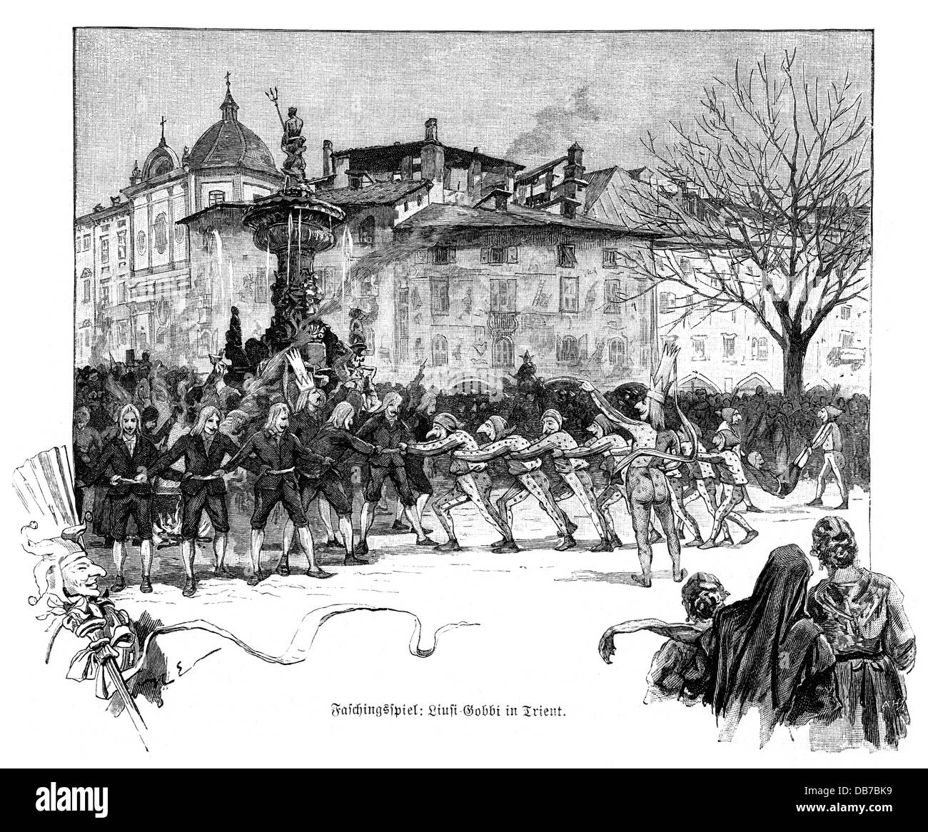 Festivités, carnaval, pièce de carnaval, Ciusi - Gobbi, Trento, après dessin, par Hugo Engl (1852 - 1926), gravure en bois, vers 1895, droits additionnels-Clearences-non disponible Banque D'Images