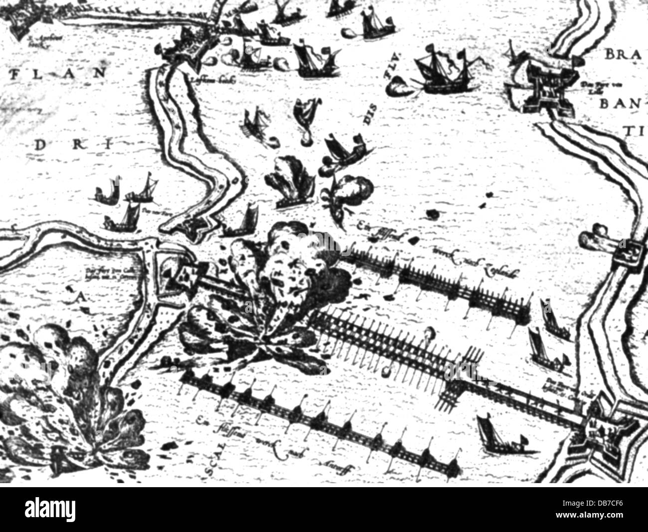 Guerre de Quatre-Vingts Ans 1568 - 1648, siège d'Anvers, 1584 - 1585, essai de détruire le pont flottant d'espagnol avec un navire plein d'explosifs construit par Federigo Giambelli, gravure sur cuivre, 1585 , Spanish Dutch, guerre, historique, historique espagnol Pays-Bas, Belgique, Flandre, dynamitage, explosant, tir, blastings, explodings, explosion, explosion, la machine infernale, charge explosive, charges explosives, pont, les ponts, l'Espagne, l'insurrection, de révolte, de rébellion, d'insurrections, révoltes, rébellions, en révolte, 16e siècle, l'artiste n'a pas d'auteur pour être effacé Banque D'Images