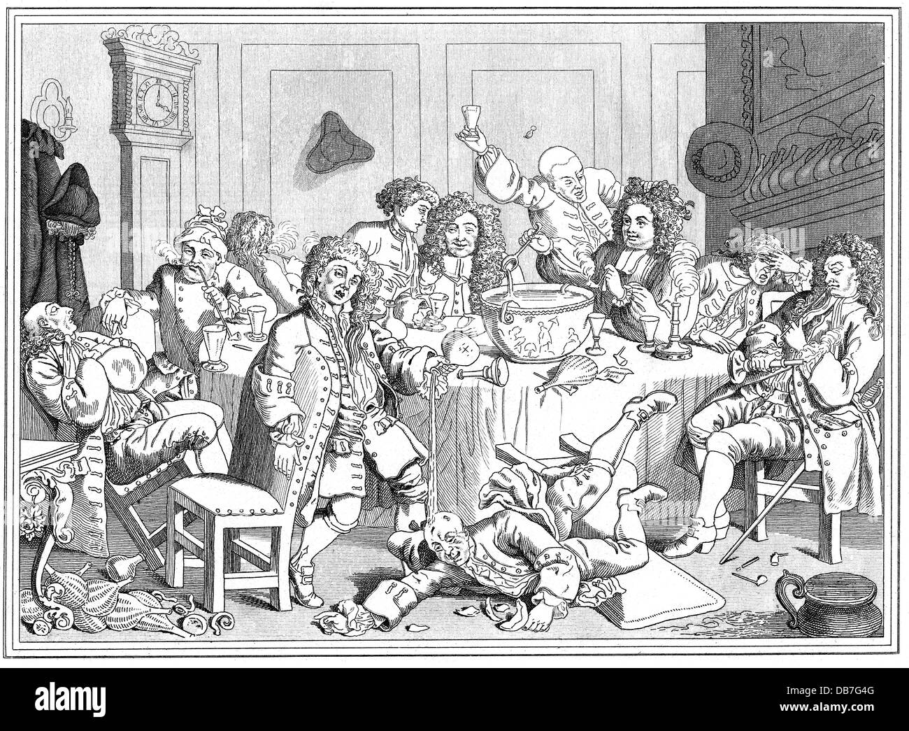 L'alcool, punch, Punch party at night, après William Hogarth (1697 - 1764), gravure sur cuivre, 18e siècle, 18e siècle, graphique, graphiques, gastronomie, demi-longueur, assis, s'asseoir, tables, table, chaises, fauteuil, tenir, tenir, verres, bol, bols, cuillères, cuillères, boire, boisson, l'abus d'alcool, l'abus d'alcool, de la conduite sous l'influence, l'ivresse, ivres, verser, déverser, poures out, répandu, tête-bêche, Tumbling, chute, chute, de mensonge, de carousal, carousals, société, sociétés, historique, historique, homme, l'homme, les hommes, les gens, l'artiste n'a pas d'auteur pour être effacé Banque D'Images