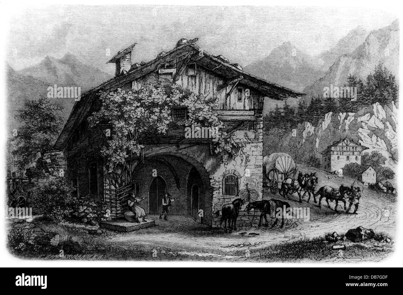 Gastronomie, auberges, taverne près de Brixen, vue extérieure, gravure en bois, par C.Zimmermann, 19e siècle, 19e siècle, graphique, graphique, géographie / voyage, géographie, voyages, Europe, Italie, Tyrol du Sud, bâtiment, bâtiments, taverne, hôtel, restaurant, tavernes, auberge, auberges, cheval, chevaux, véhicule tiré par cheval, voiturette, Clearcarts, Alpes, repos-historiques, autres-droits, non disponibles Banque D'Images