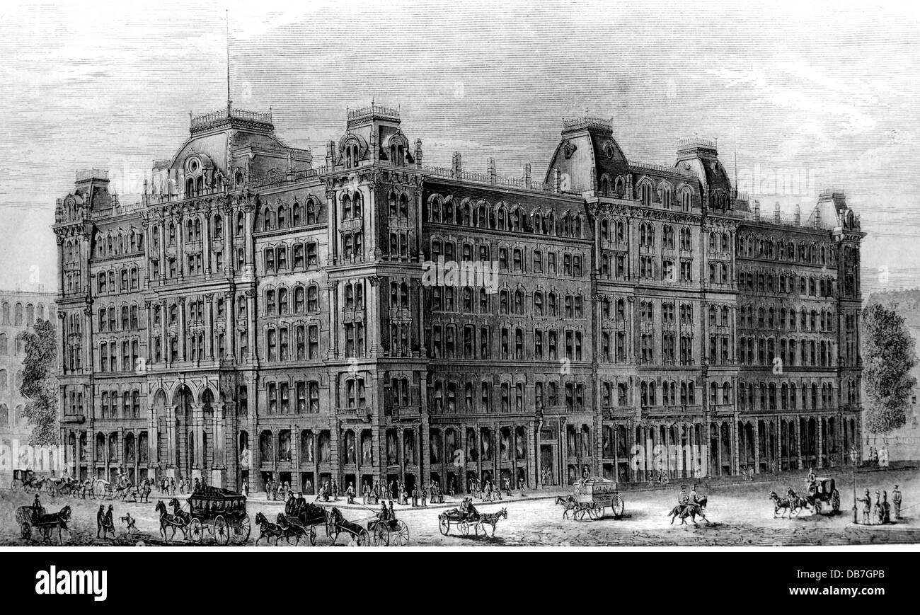 Géographie / Voyage, Etats-Unis, Chicago, gastronomie, Grand Pacific Hotel, Construit par: William B. Boyington, (1818 - 1898), 1873, vue extérieure, gravure en bois, vers 1875, 19e siècle, graphique, graphique, bâtiment, bâtiments, architecture, hôtel de luxe, hôtels de luxe, historicisme, historicisme, Amérique du Nord, historique, personnage, droits supplémentaires-Clearences-non disponible Banque D'Images