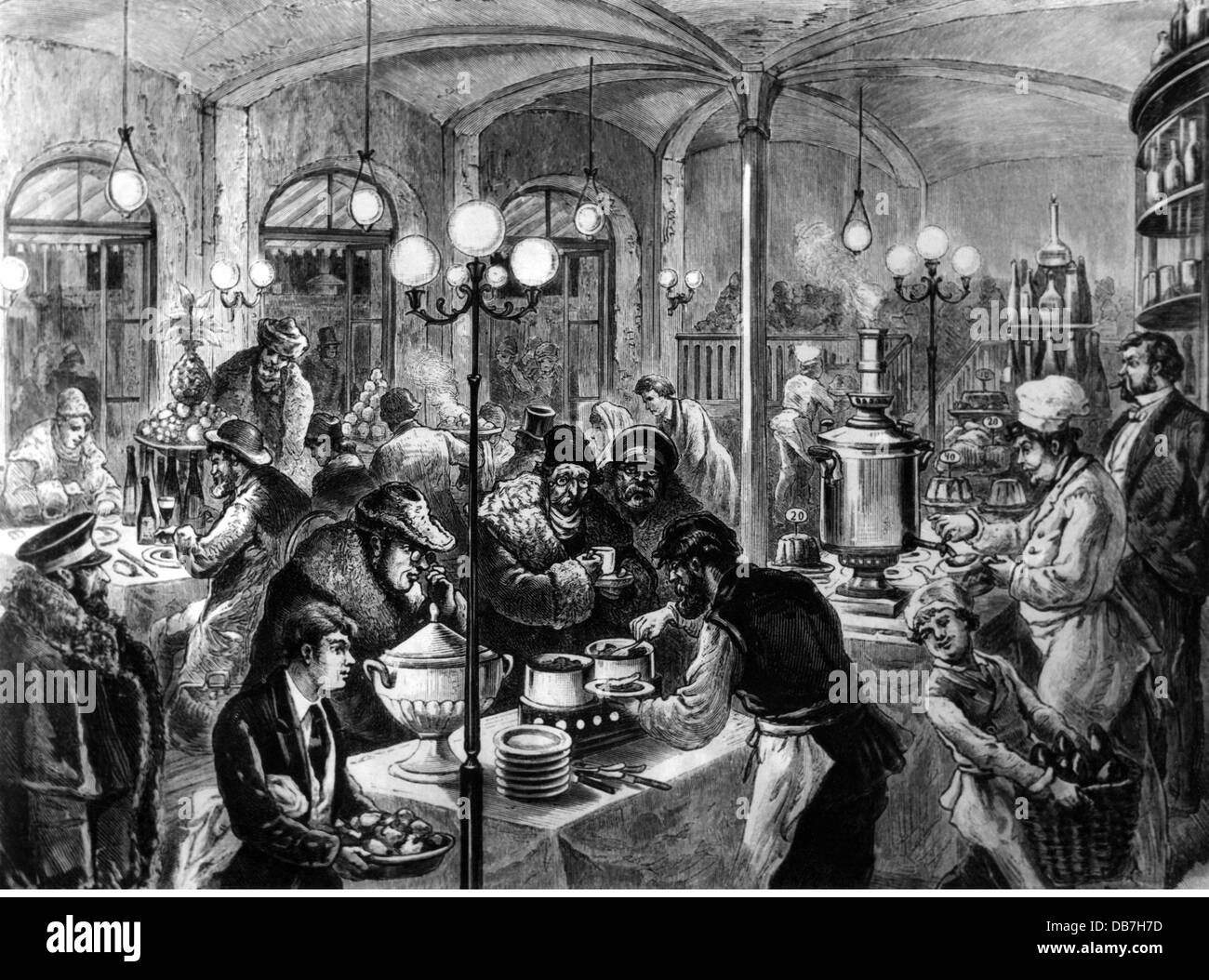 Gastronomie, restaurant de la gare sur la frontière germano-russe, vue intérieure, après H.Fritzmann, gravure en bois, 1884, droits supplémentaires-Clearences-non disponible Banque D'Images