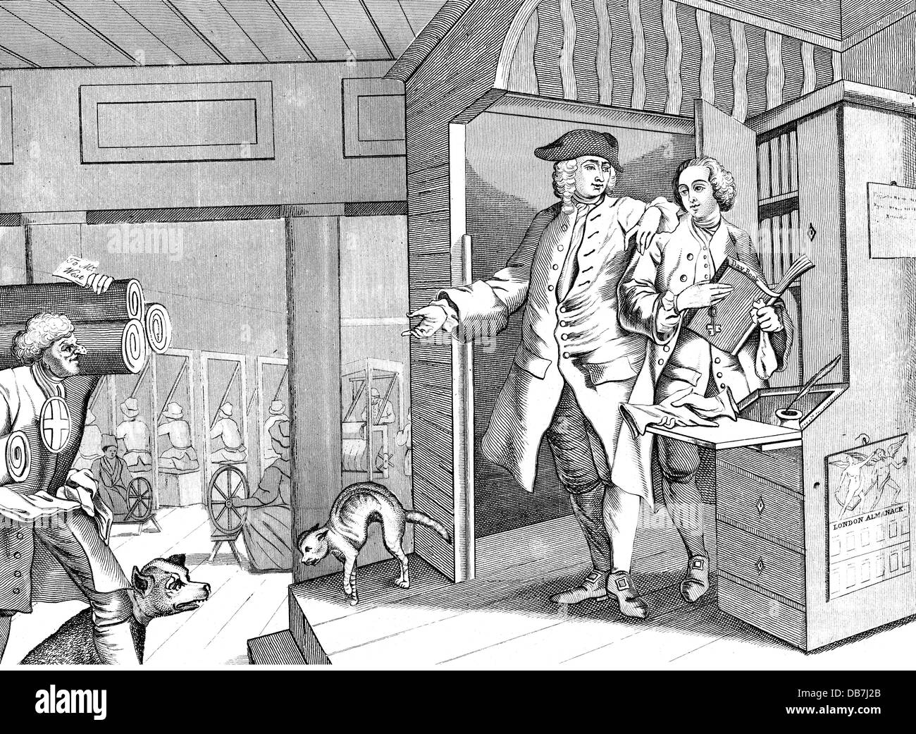 Industrie, textiles, propriétaire et assistant d'une usine de filature au bureau, après la série 'Industrie et idleness', par William Hogarth (1697 - 1764), feuille 4, gravure, 1747, droits additionnels-Clearences-non disponible Banque D'Images