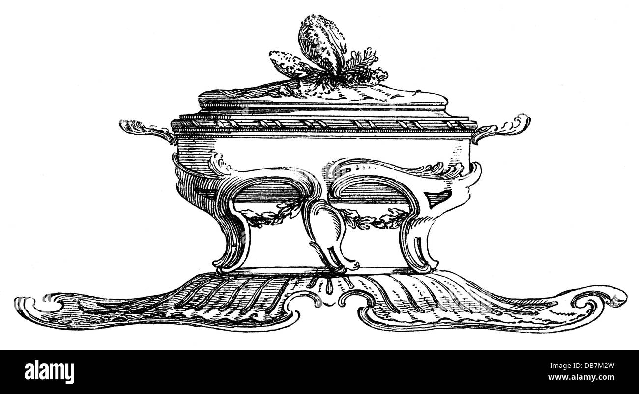 Maison, récipients à boire, plats, couverts, partie d'un service de dîner, œuvre d'or, par Pierre Germain (vers 1645 - 1684), France, XVIIe siècle, gravure en bois, 19e siècle, XVIIe siècle, graphique, graphiques, beaux-arts, art, artisanat, artisanat, artisanat, artisanat, conteneur, conteneurs, soupe, reines, œuvre d'or, ornement, ornements, bol, bols, bols, pièces d'art, Ménage, ménages, plats, vaisselle, vaisselle, historique, historique, droits additionnels-Clearences-non disponible Banque D'Images