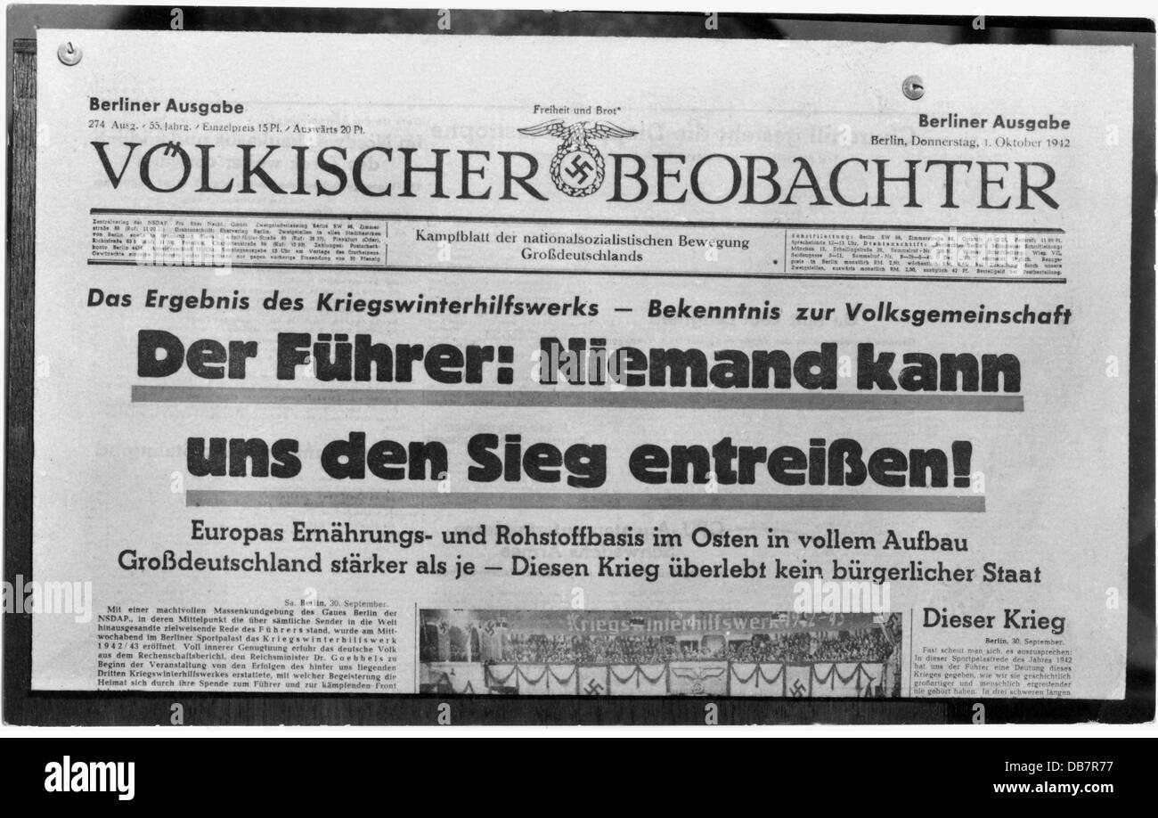 National-socialisme, presse / médias, 'Voelkischer Beobachter', numéro 247, éditeur Franz Eher, Munich, 1.10.1942, , droits-supplémentaires-Clearences-non disponible Banque D'Images