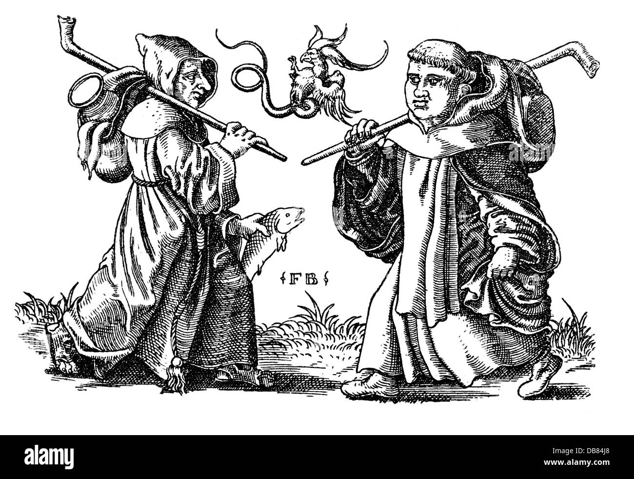 La religion, le prêtre, la caricature, la mendicité friars, gravure sur cuivre par Franz Brun, vers 1560, l'artiste n'a pas d'auteur pour être effacé Banque D'Images