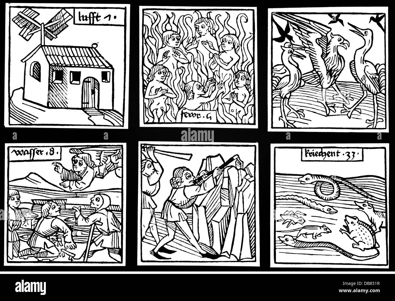 Littérature, Moyen âge, allégories de 'air', 'feu', 'voler', 'eau', 'terre', 'ramper', coupe de bois, de: 'ARS memorativa' par Jakobus Publicius, imprimé par Anton Sorg (1430 - 1493), Augsbourg, Allemagne, vers 1490, collection privée, Additional-Rights-Clearences-not available Banque D'Images