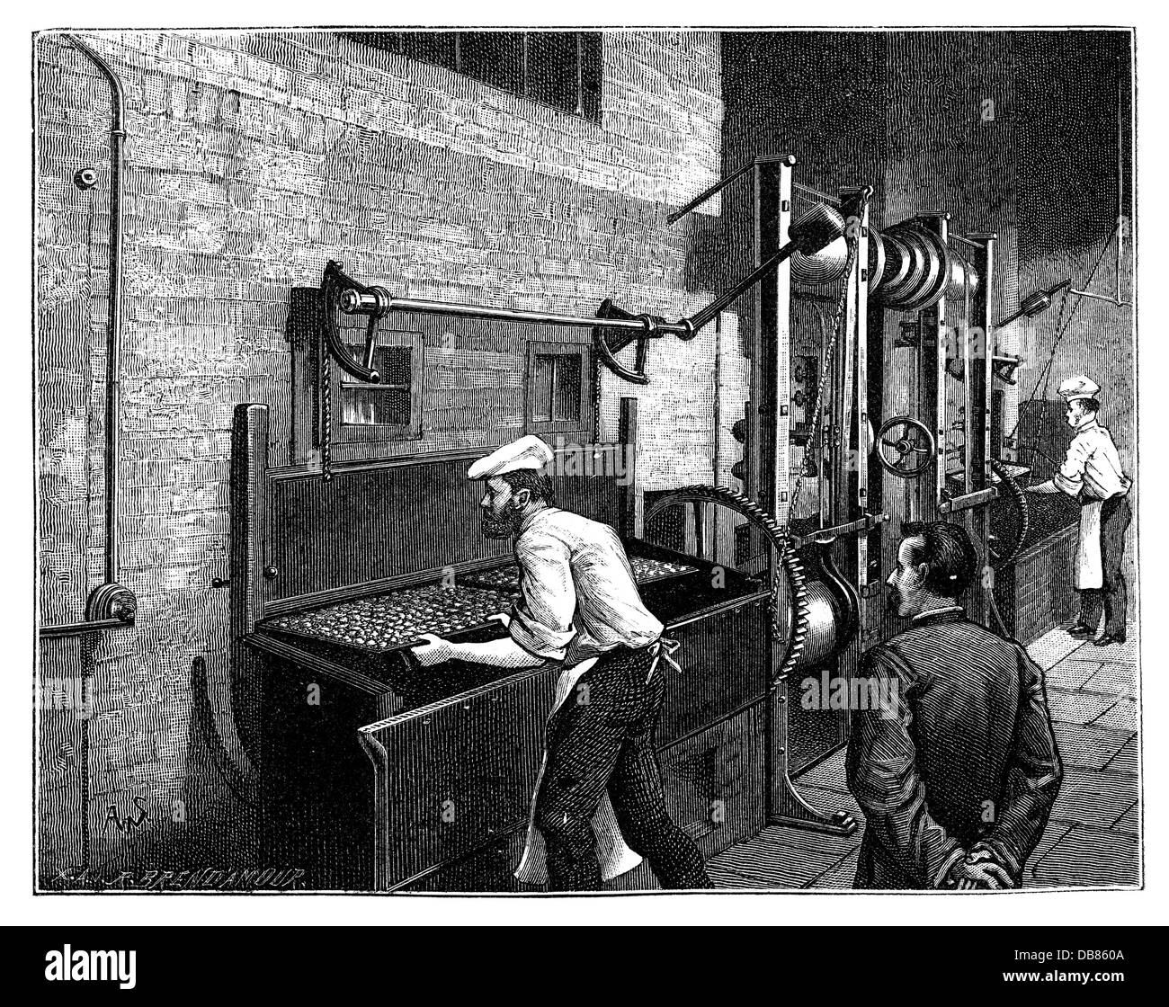 Industrie, alimentation, éponge, biscuit usine de Langnese, Eppendorf, vue intérieure, bouche de deux fours de cuisson continue, gravure en bois, 1884, droits additionnels-Clearences-non disponible Banque D'Images