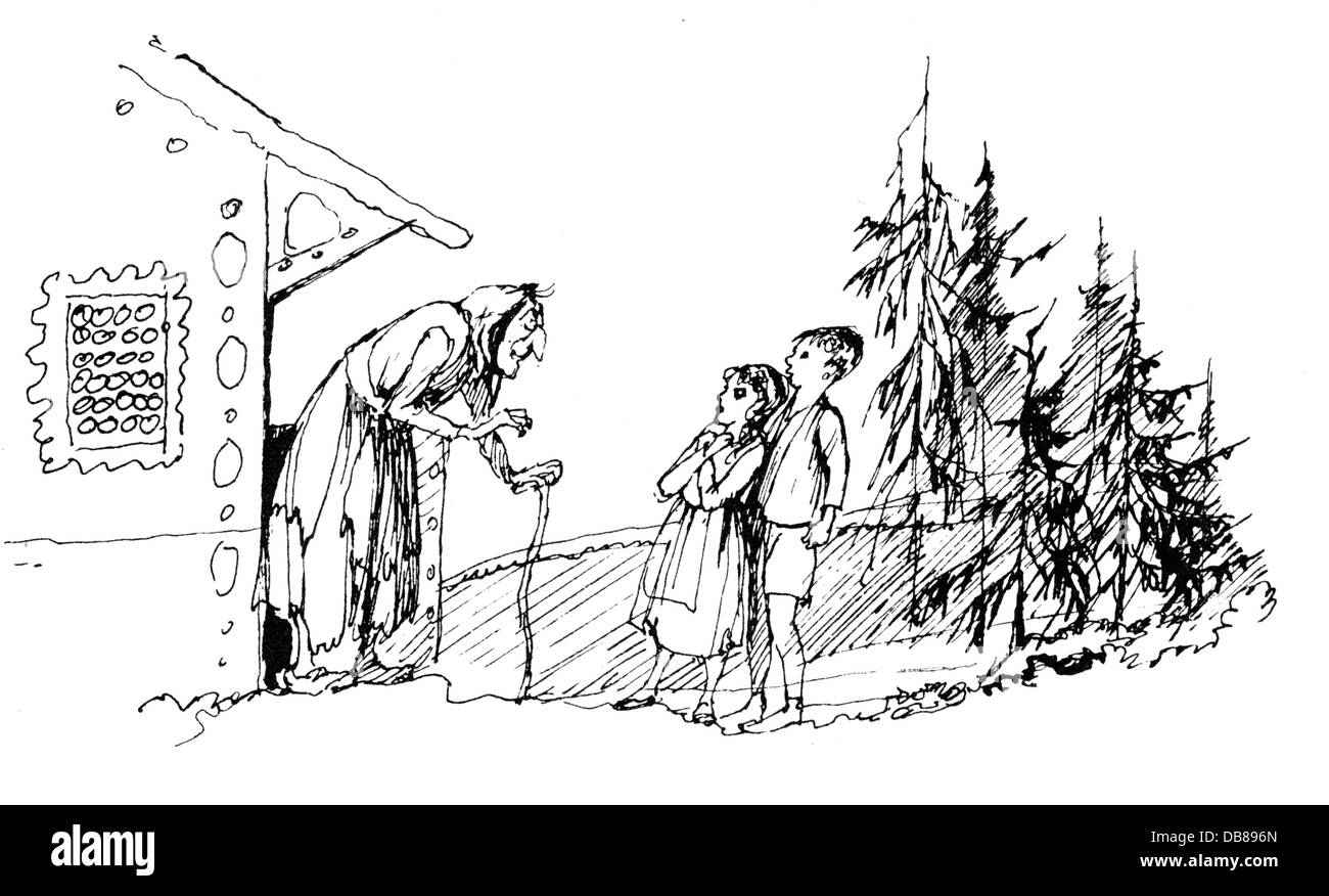 Littérature, conte de fées, frères Grimm, Hansel et Gretel, à la maison de pain d'épice, dessin de Fritz Fischer (1911 - 1968), de: 'Die schönsten Märchen der Brüder Grimm', , droits additionnels-Clearences-non disponible Banque D'Images