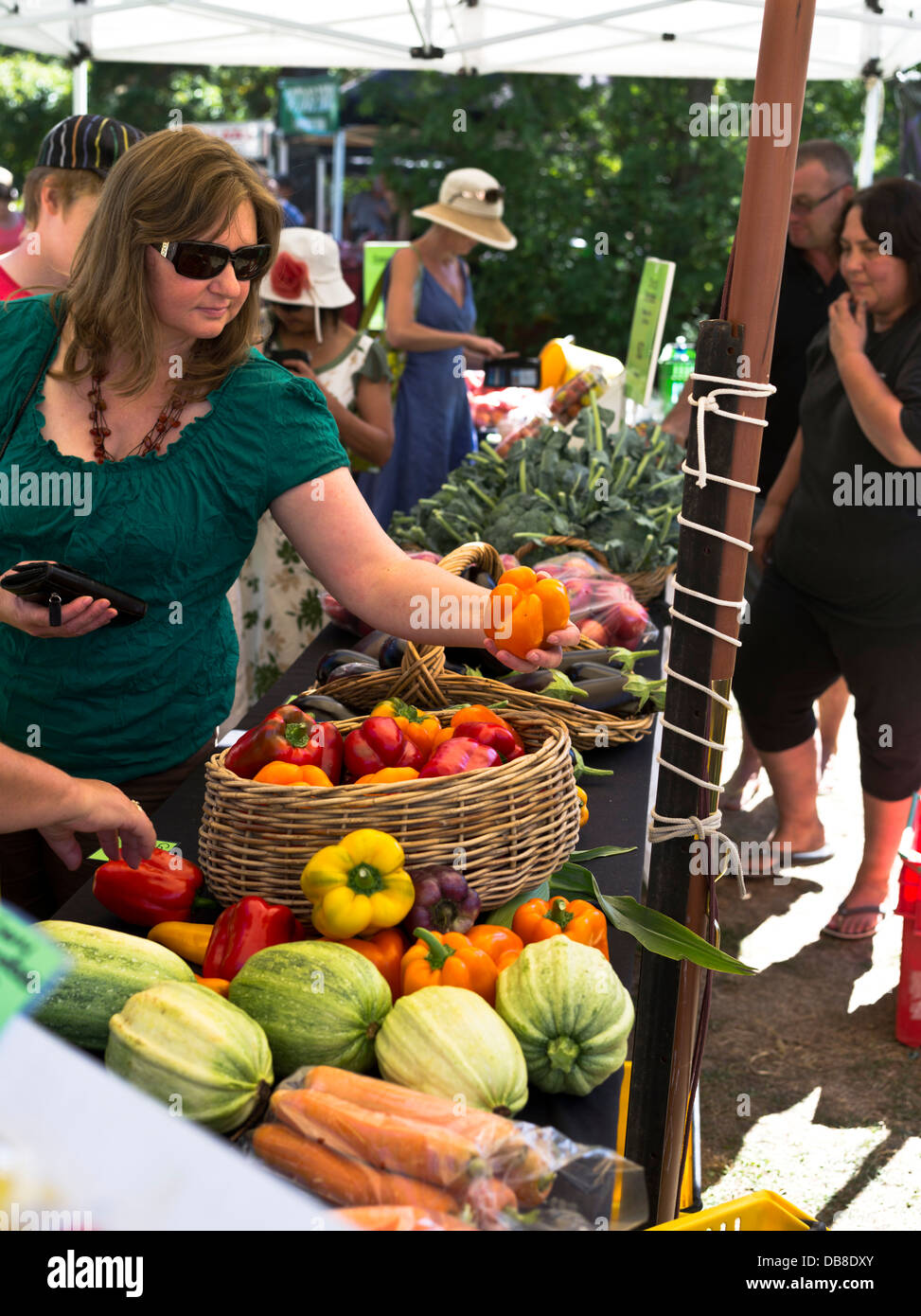 dh marché du dimanche hawkes Bay HASTINGS NOUVELLE-ZÉLANDE Lady cueillir des légumes les épiciers verts stallent des fruits de la nourriture Banque D'Images
