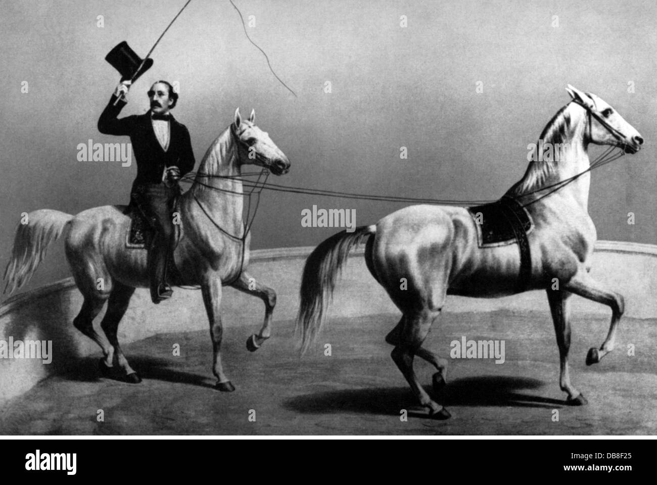 Renz, Ernst Jakob, 18.5.1815 - 3.4.1892, artiste allemand et maître d'anneau, pleine longueur, avec ses chevaux Arabeska et MacDonald, lithographie d'Ernst Litfass, Berlin, vers 1850, Banque D'Images