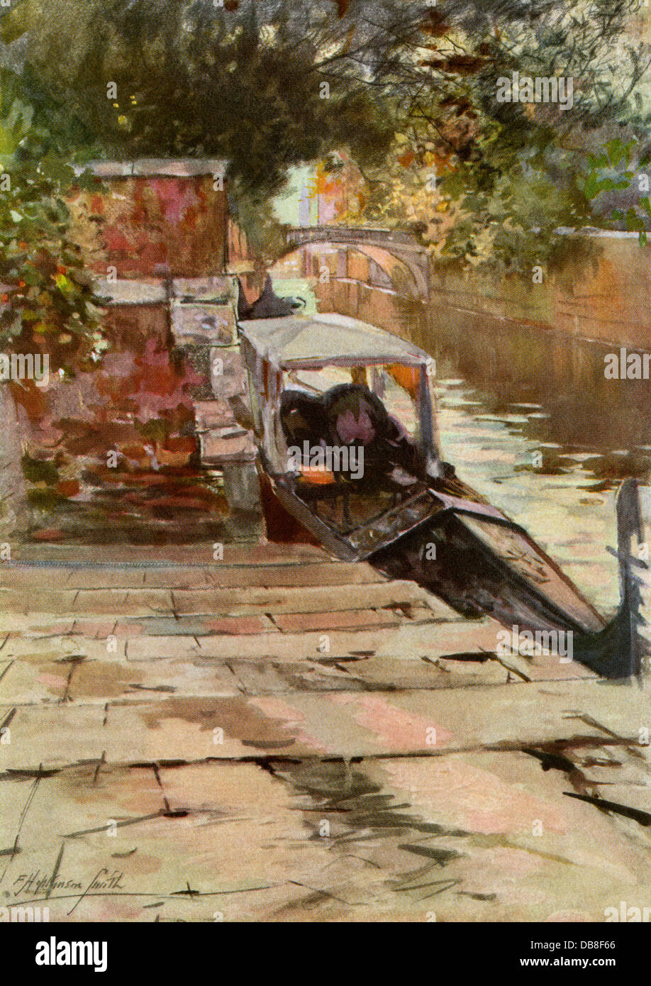 En gondole à une résidence à Venise, vers 1900. Demi-teinte couleur reproduction d'une peinture Banque D'Images