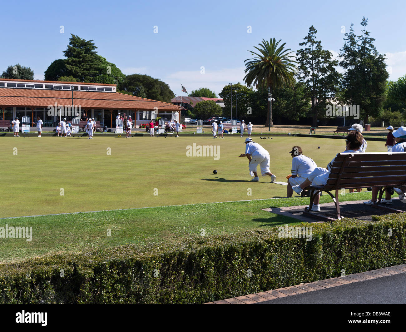 dh Paepaekumana ville public Park ROTORUA NOUVELLE-ZÉLANDE Outdoors New Zealanders jouant des boules de pelouse bowling vert personnes activités Banque D'Images