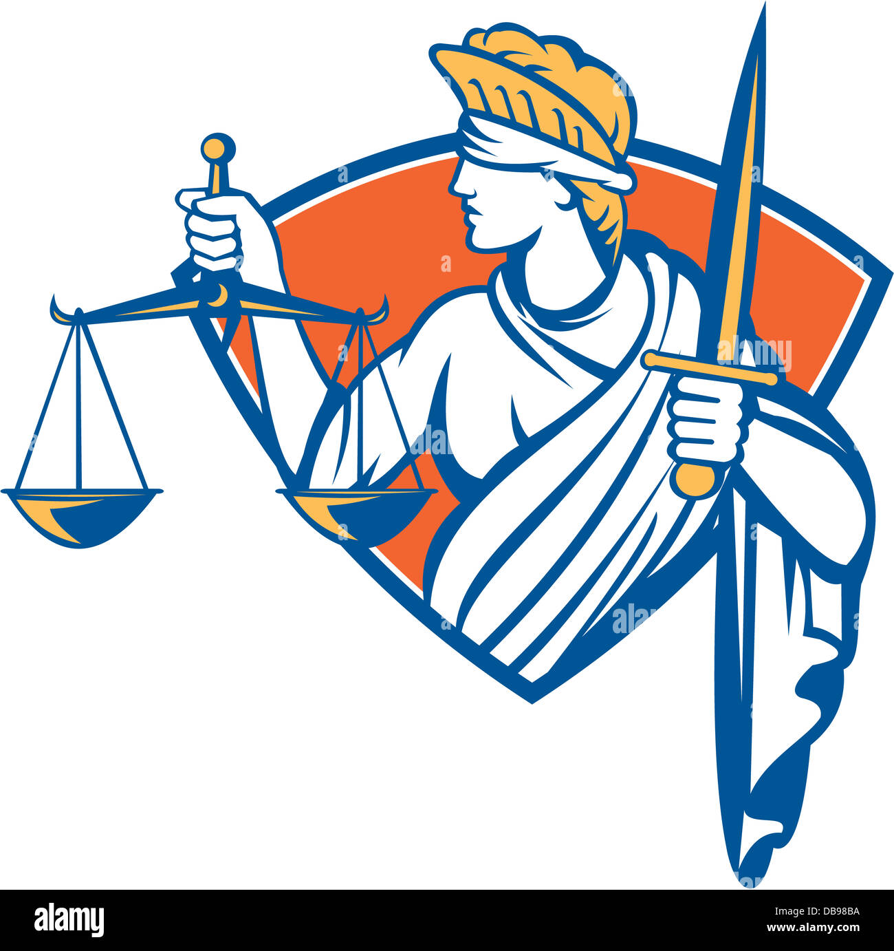 Illustration de la dame aux yeux bandés face tenant une balance de la justice et l'épée à l'intérieur set crest protection. Banque D'Images