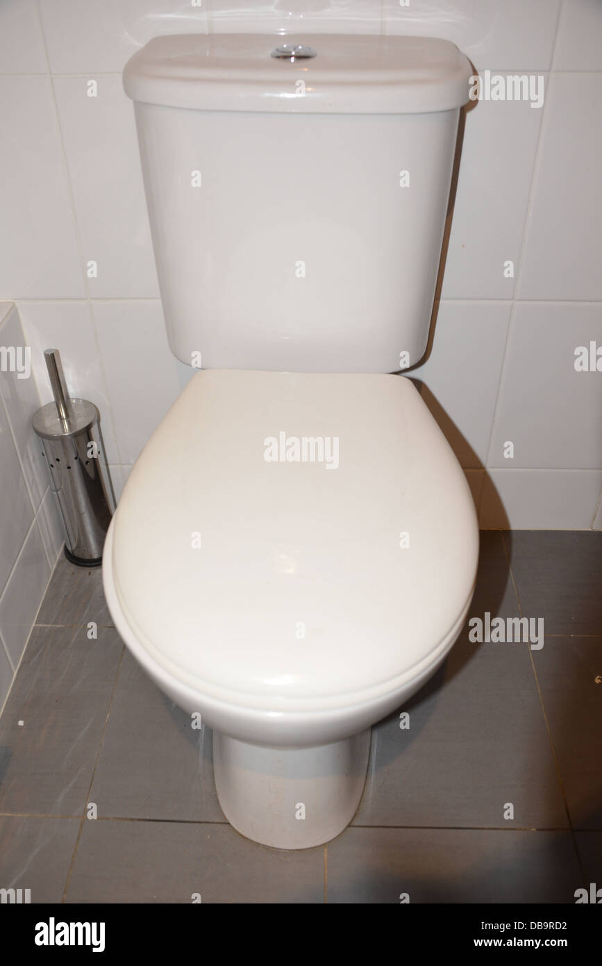 Toilettes avec brosse wc blanc à carreaux de salle de bain gris et blanc sur le mur Banque D'Images