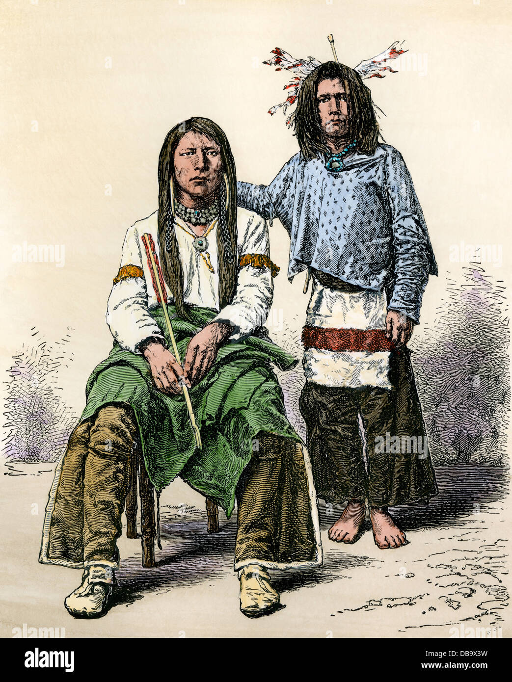 Les hommes de la tribu serpent dans l'Oregon, 1800. À la main, gravure sur bois Banque D'Images