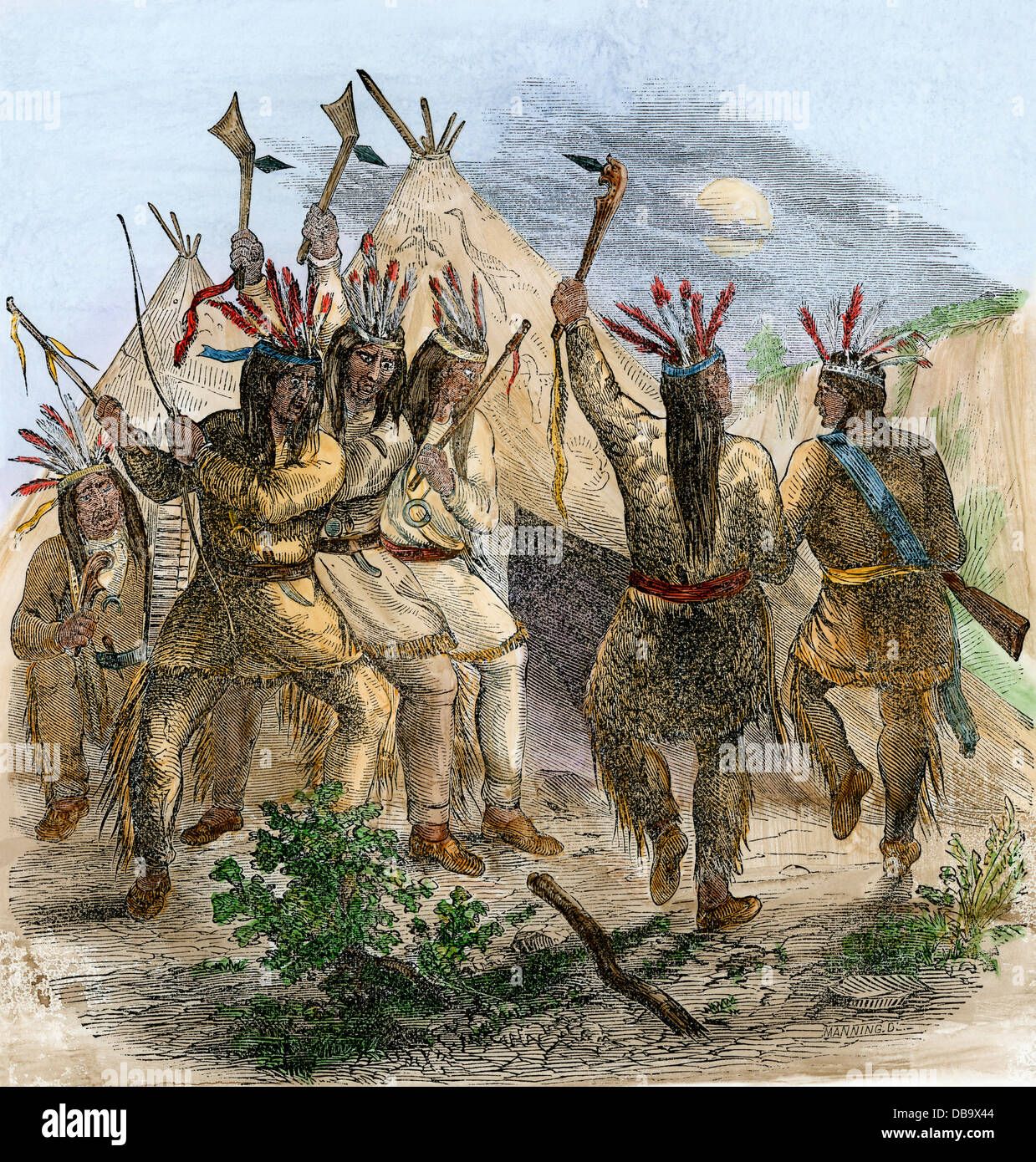 Ojibwah (Chippewa) Danse de la guerre, 1850. À la main, gravure sur bois Banque D'Images