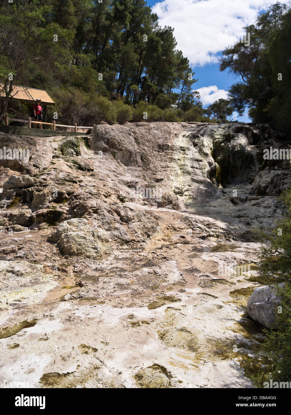dh Wai O Tapu Thermal Wonderland WAIOTAPU NOUVELLE-ZÉLANDE femme visite touristique Bridal Veil Falls volcan chute d'eau lave coulant rock Banque D'Images