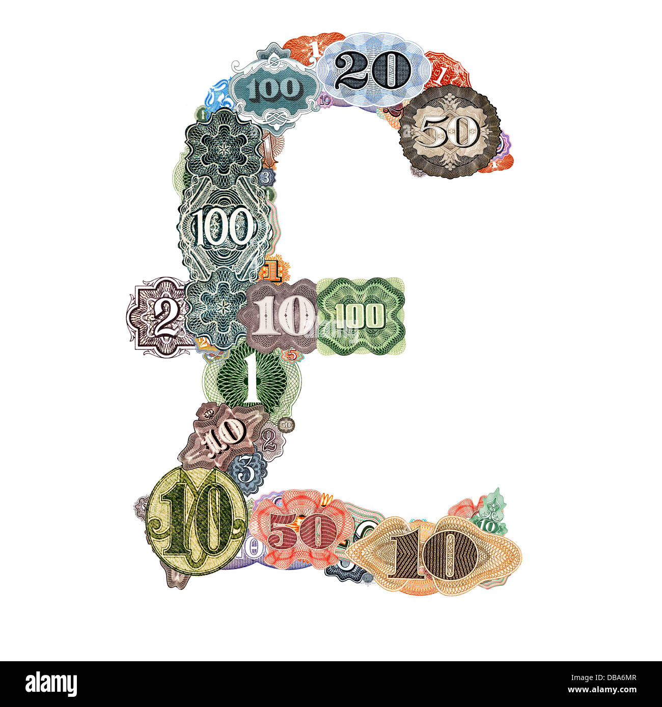 British pound sign fabriqués à partir de chiffres provenant de billets du monde. Banque D'Images